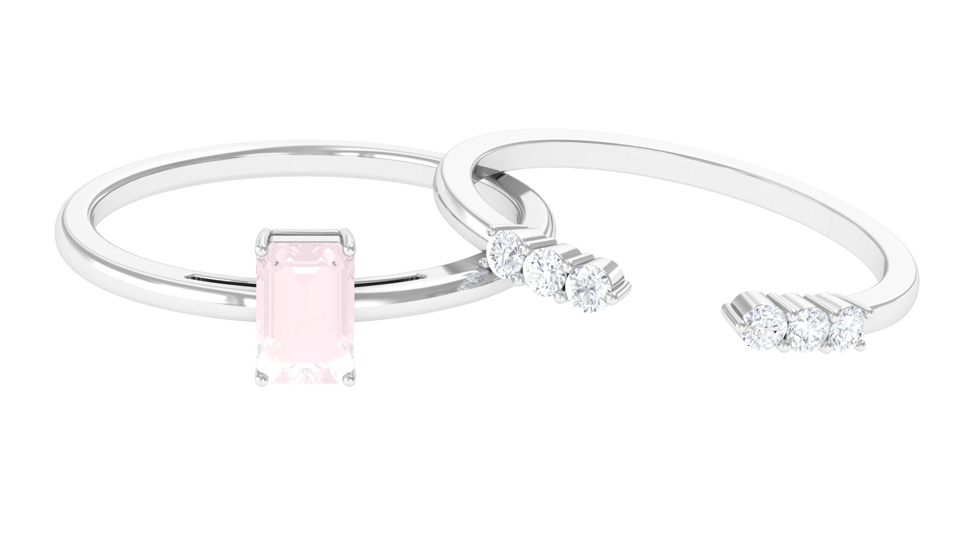 Real Rose Quartz Stackable Ring Set with Diamond Rose Quartz - ( AAA ) - Quality - Rosec Jewels