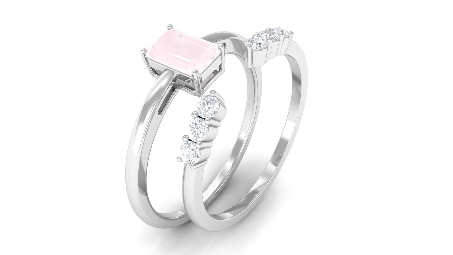 Real Rose Quartz Stackable Ring Set with Diamond Rose Quartz - ( AAA ) - Quality - Rosec Jewels