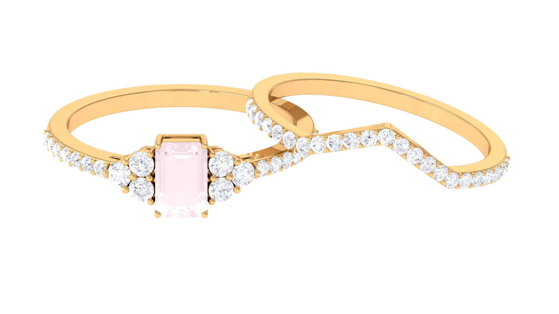 Emerald Cut Rose Quartz Stackable Ring Set with Diamond Rose Quartz - ( AAA ) - Quality - Rosec Jewels