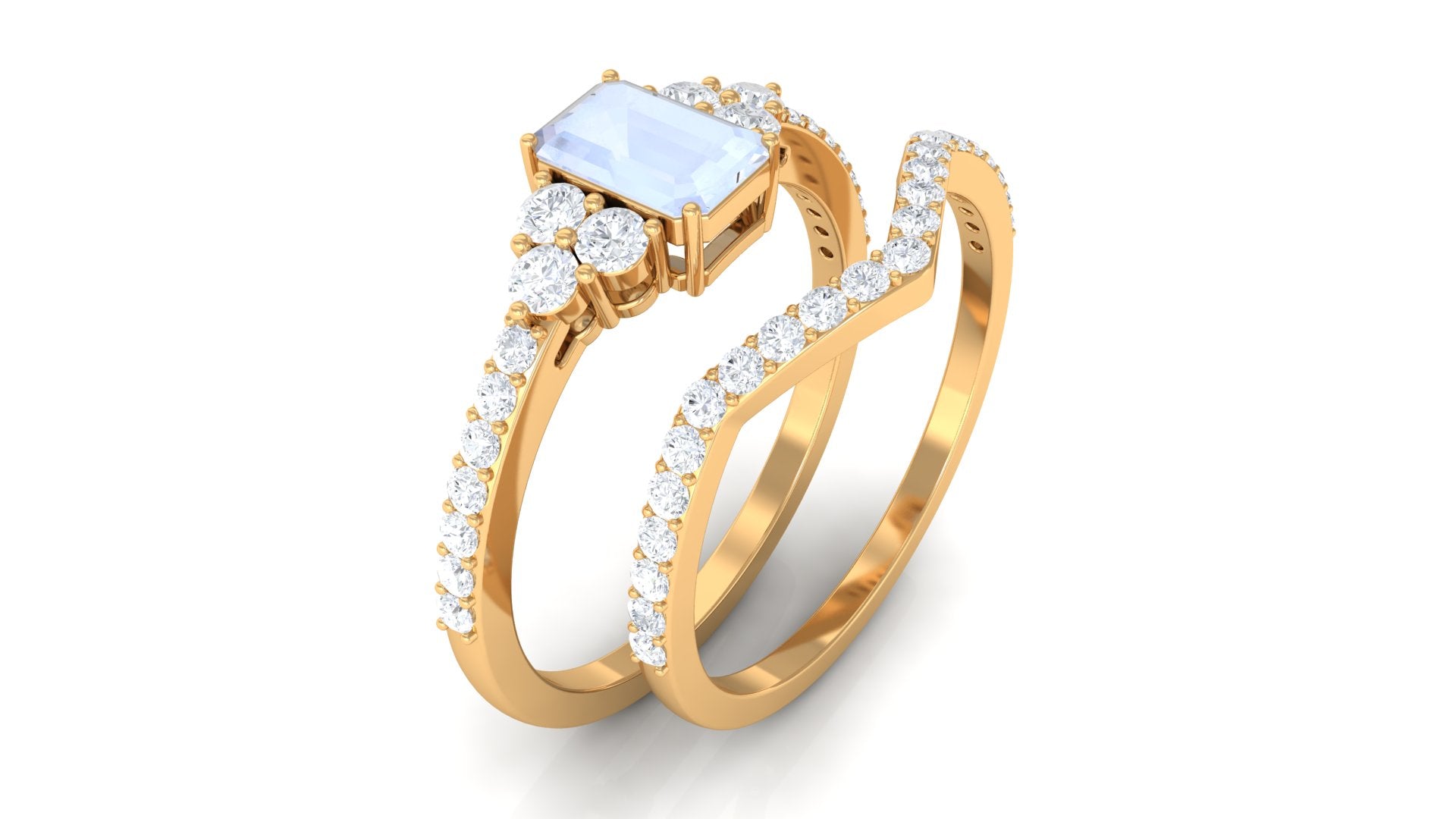 Natural Moonstone Stackable Ring Set with Diamond Moonstone - ( AAA ) - Quality - Rosec Jewels