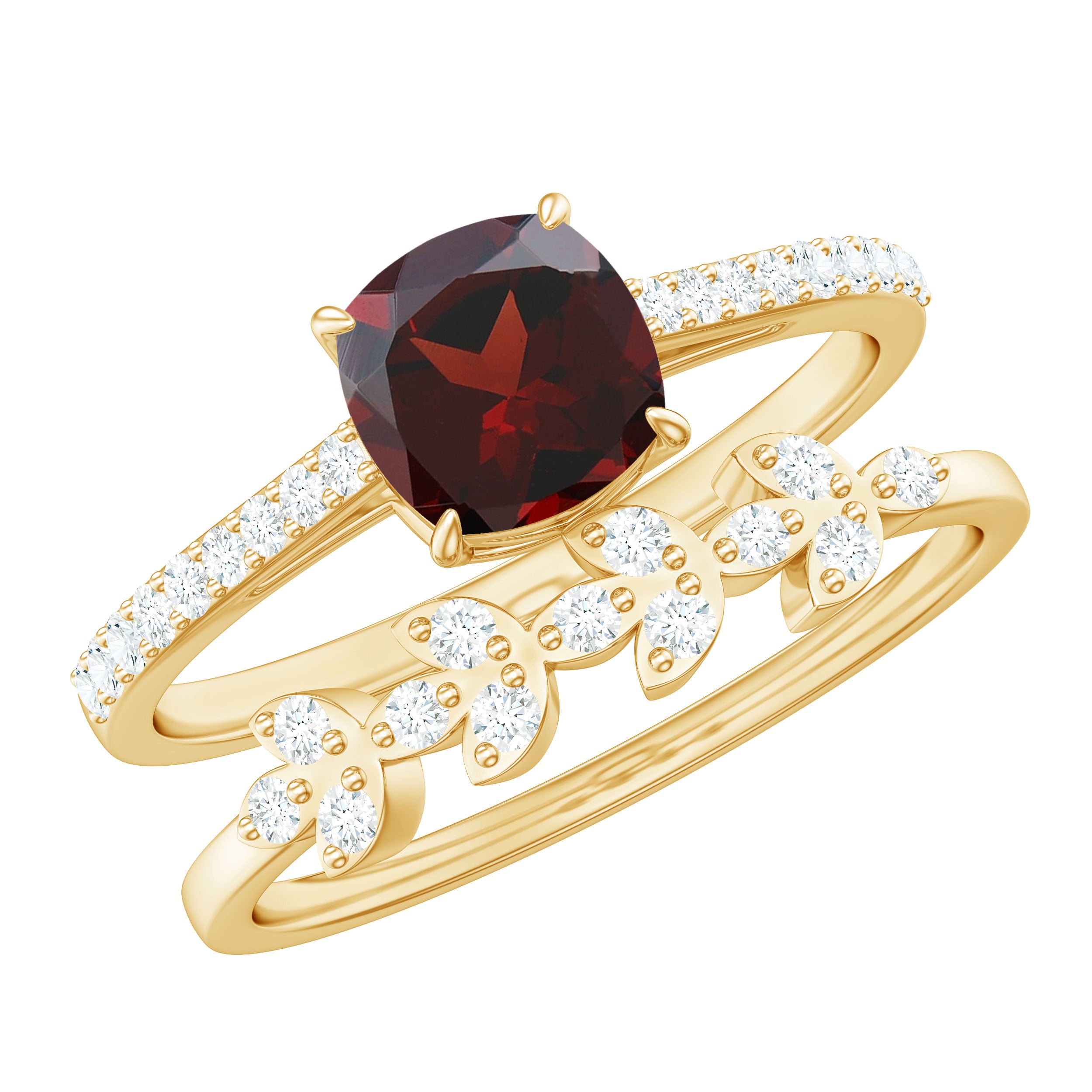 Natural Garnet Stackable Ring Set with Diamond Stones Garnet - ( AAA ) - Quality - Rosec Jewels