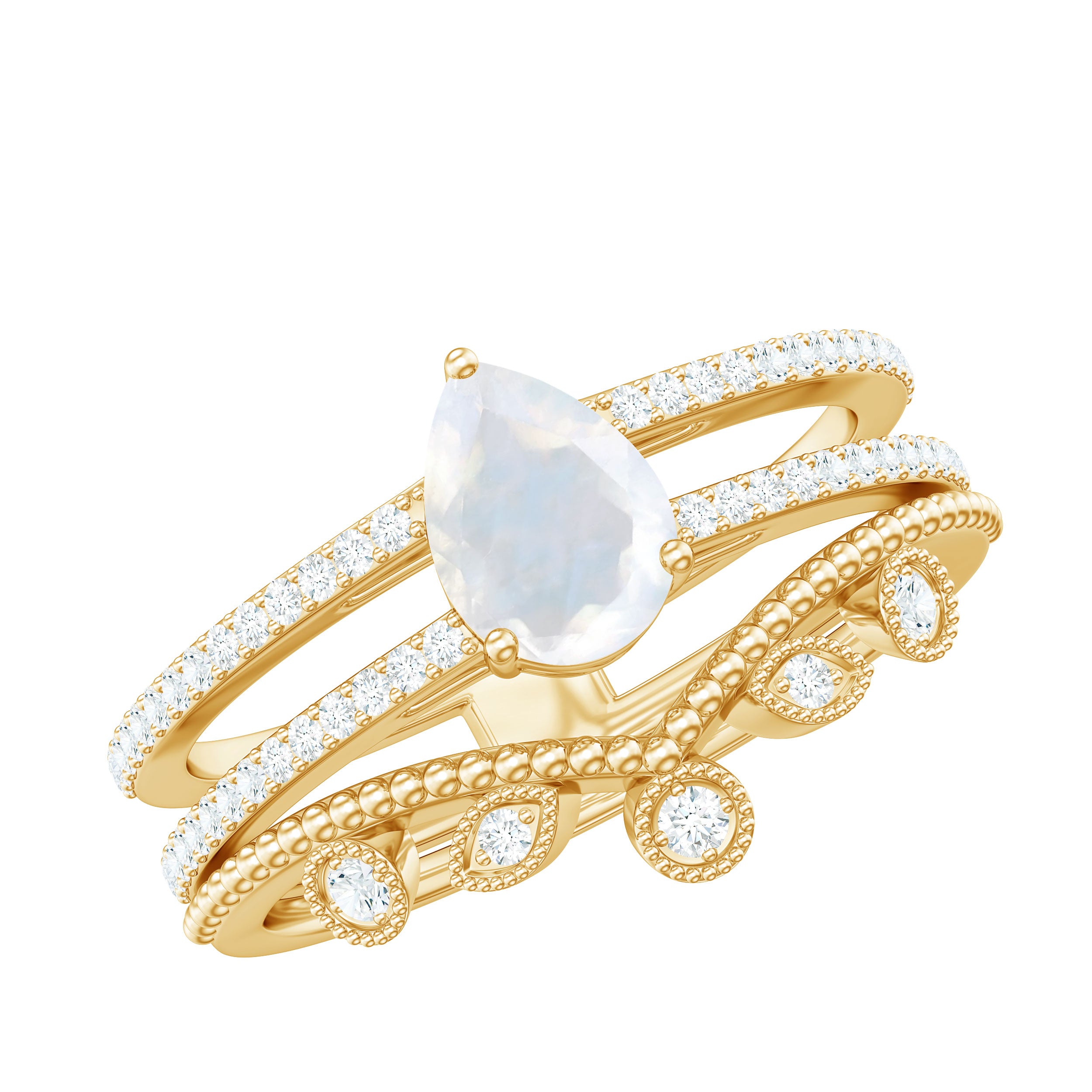 Pear Cut Natural Moonstone and Diamond Wedding Ring Set Moonstone - ( AAA ) - Quality - Rosec Jewels