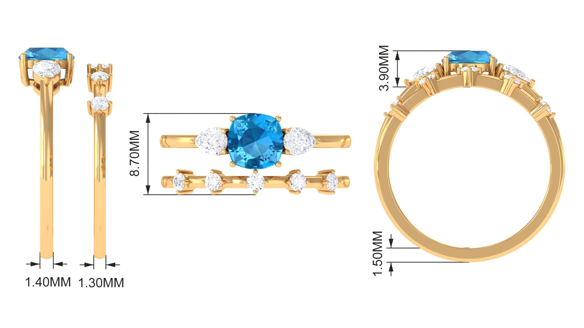 Natural Swiss Blue Topaz Ring Set with Moissanite Swiss Blue Topaz - ( AAA ) - Quality - Rosec Jewels