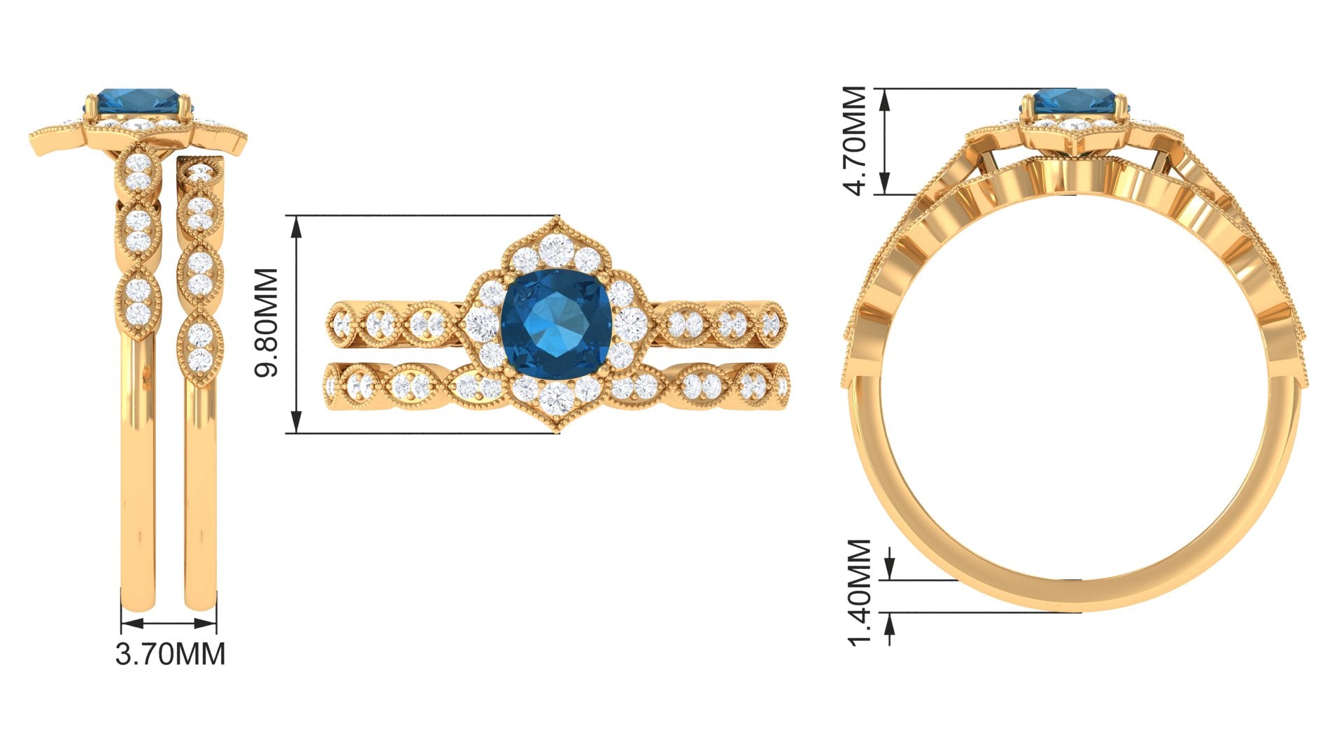 London Blue Topaz Flower Ring Set with Diamond and Beaded London Blue Topaz - ( AAA ) - Quality - Rosec Jewels