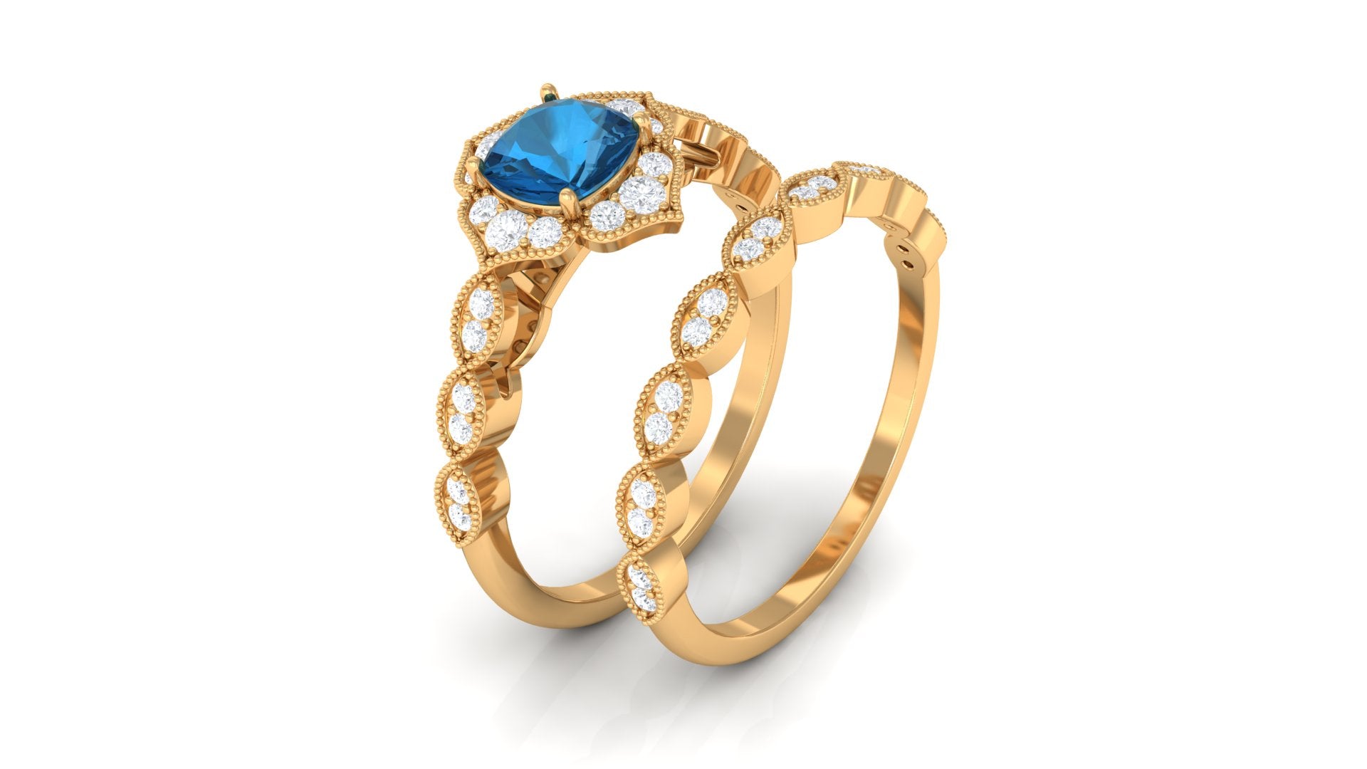 London Blue Topaz Flower Ring Set with Diamond and Beaded London Blue Topaz - ( AAA ) - Quality - Rosec Jewels