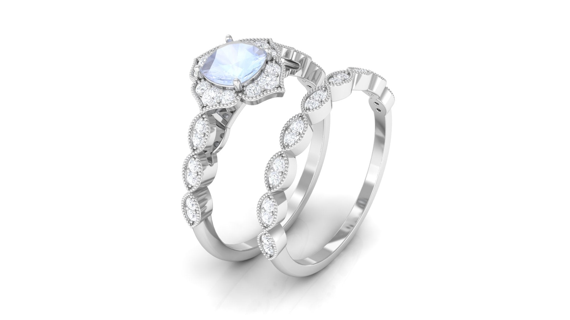 Moonstone Flower Ring Set with Diamond Moonstone - ( AAA ) - Quality - Rosec Jewels