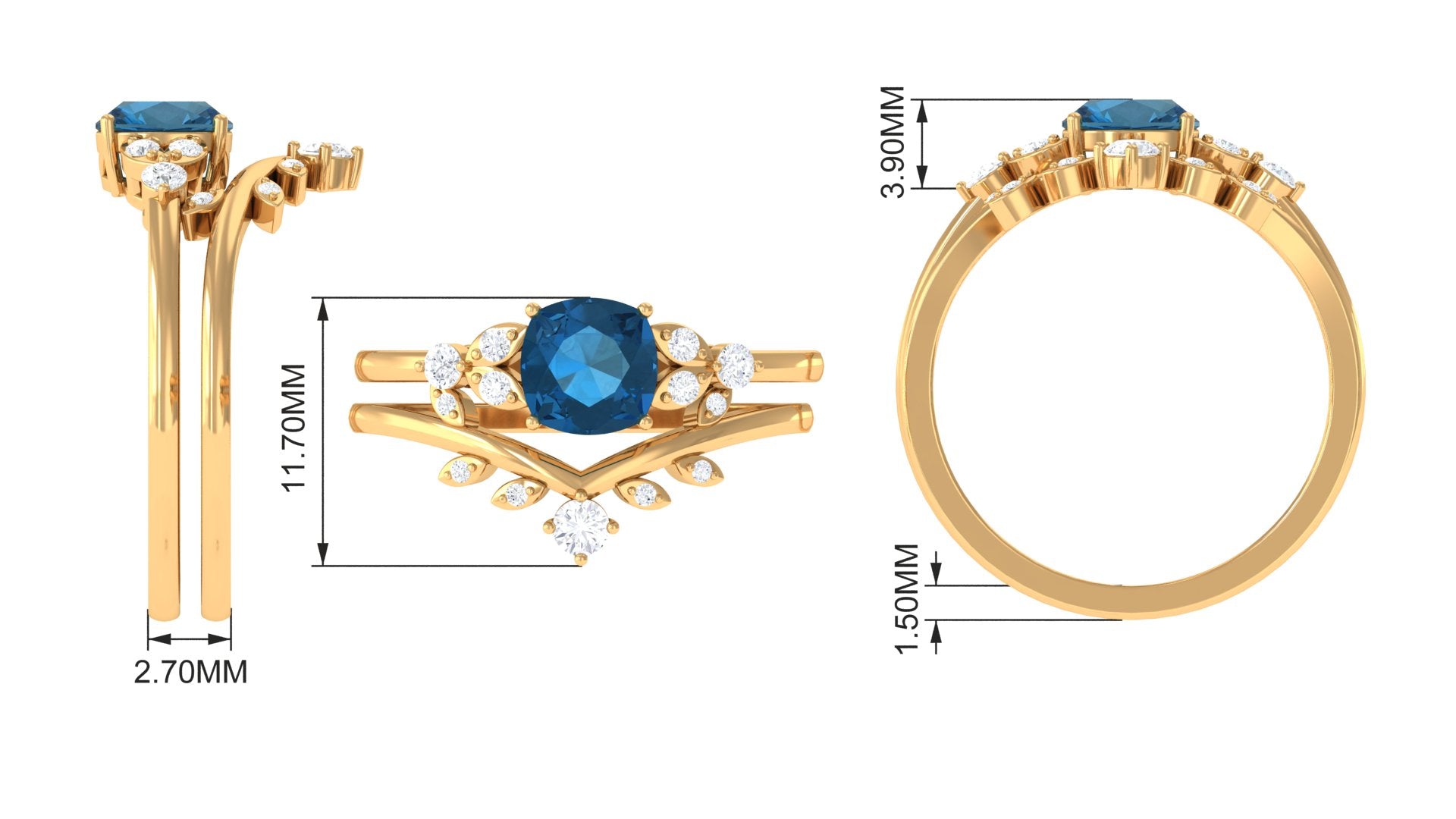 London Blue Topaz and Diamond Ring Set with Leaf Motif London Blue Topaz - ( AAA ) - Quality - Rosec Jewels