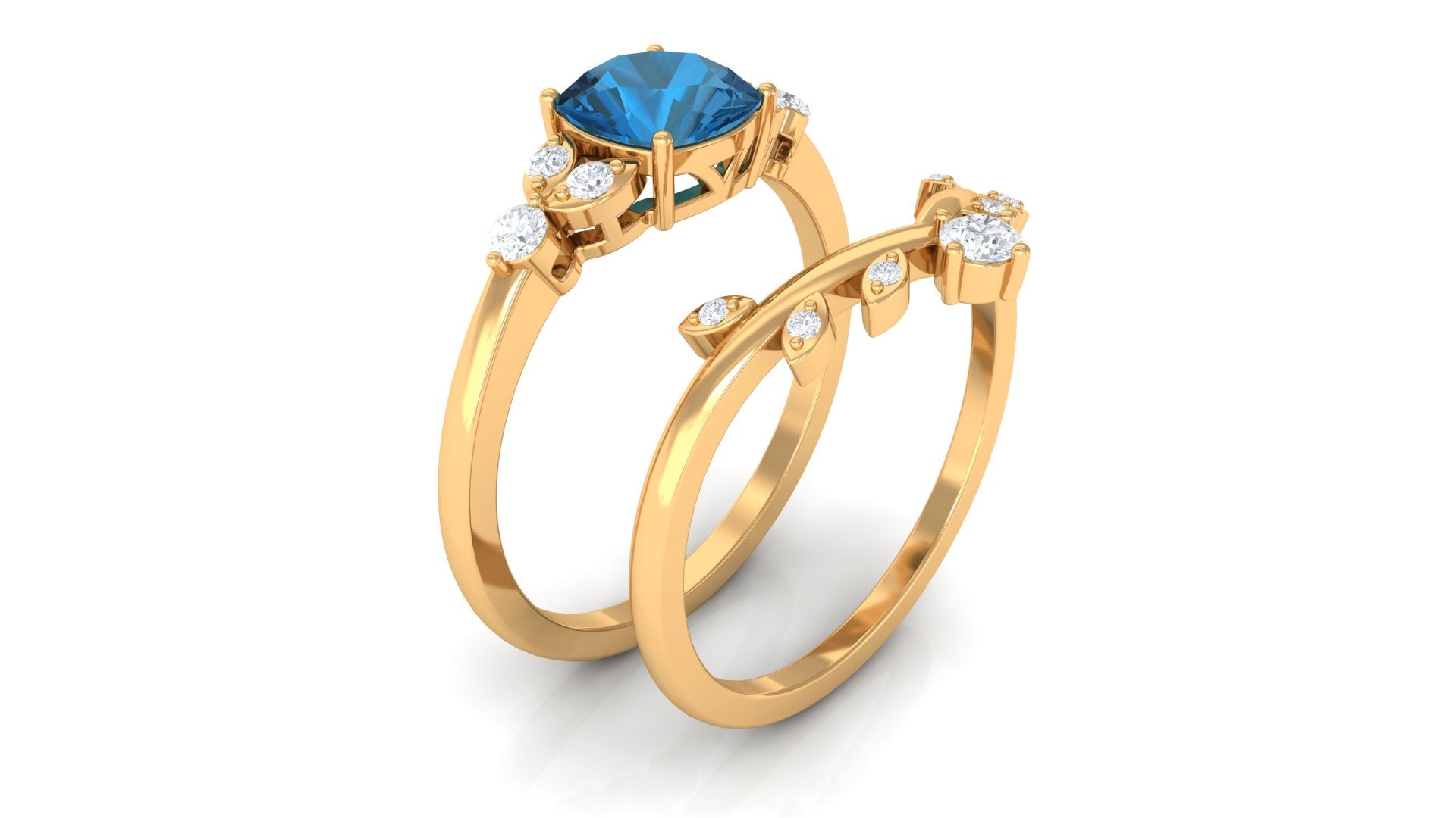 London Blue Topaz and Diamond Ring Set with Leaf Motif London Blue Topaz - ( AAA ) - Quality - Rosec Jewels