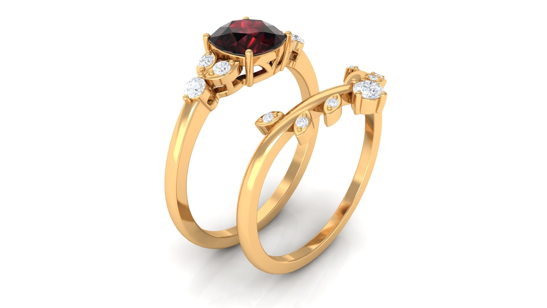 Garnet and Diamond Ring Set with Leaf Motif Garnet - ( AAA ) - Quality - Rosec Jewels