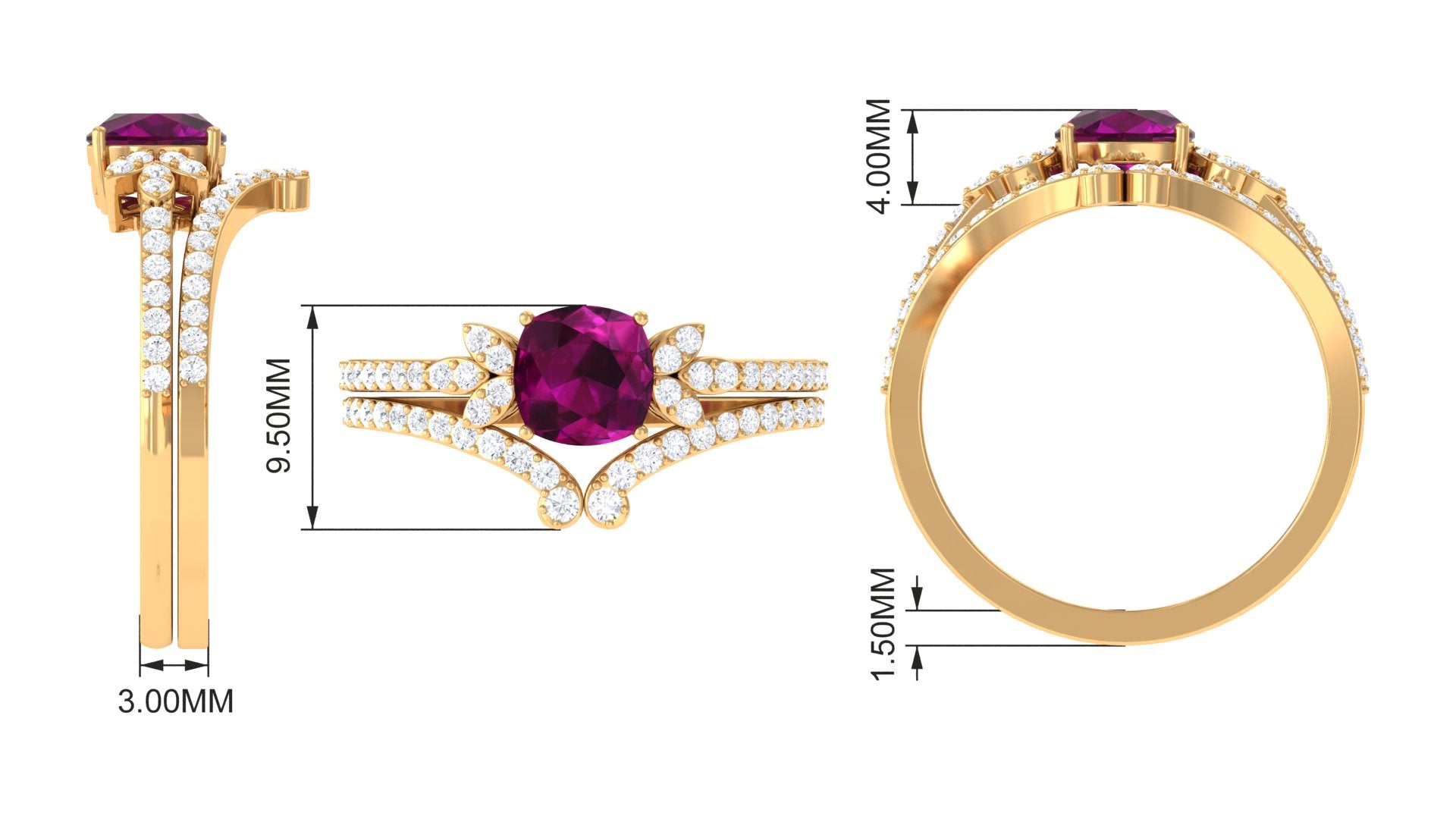 2.50 CT Cushion Cut Rhodolite and Diamond Bridal Ring Set Rhodolite - ( AAA ) - Quality - Rosec Jewels