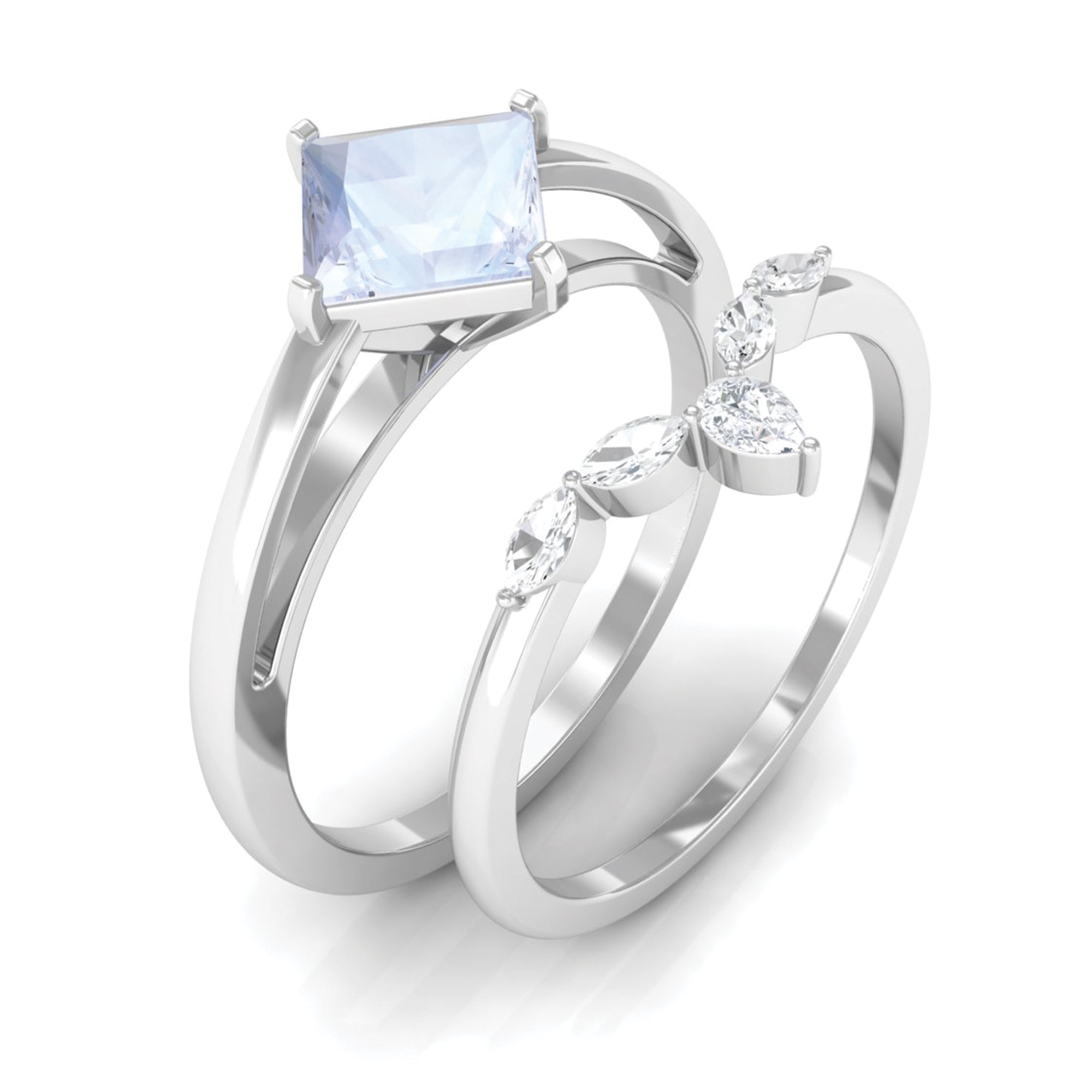 Princess Cut Moonstone and Diamond Solitaire Ring Set Moonstone - ( AAA ) - Quality - Rosec Jewels