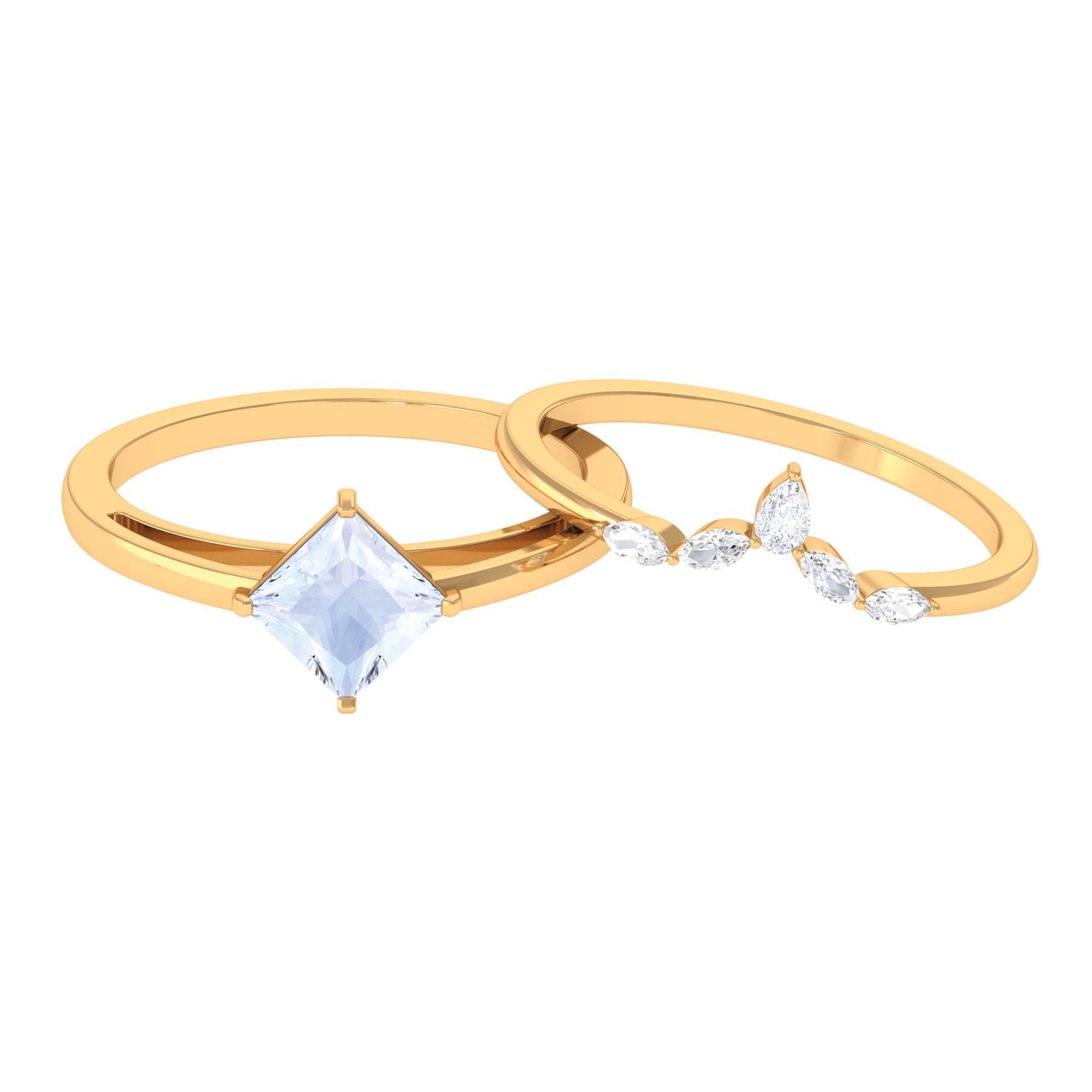 Princess Cut Moonstone and Diamond Solitaire Ring Set Moonstone - ( AAA ) - Quality - Rosec Jewels