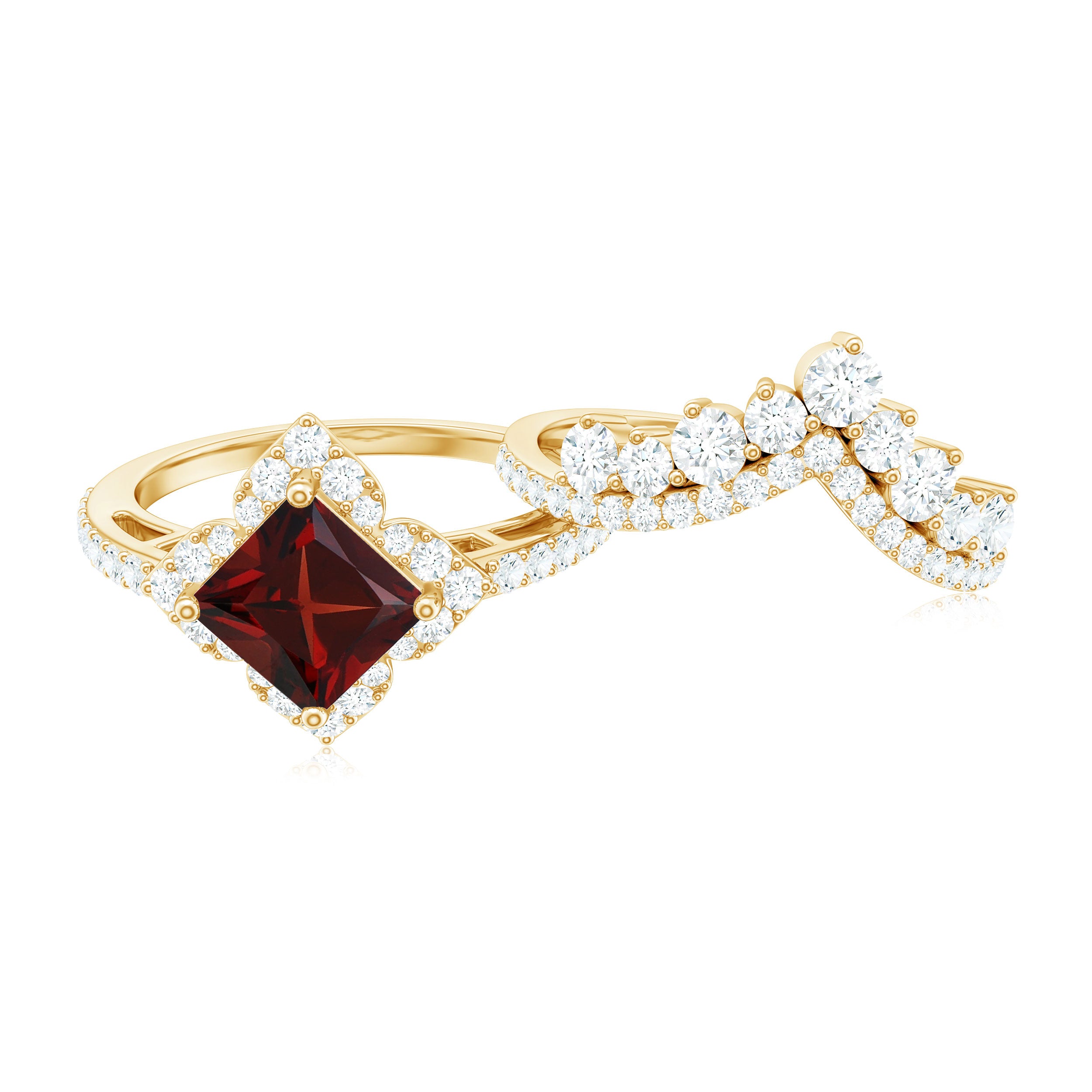 Real Garnet and Moissanite Statement Wedding Ring Set Garnet - ( AAA ) - Quality - Rosec Jewels