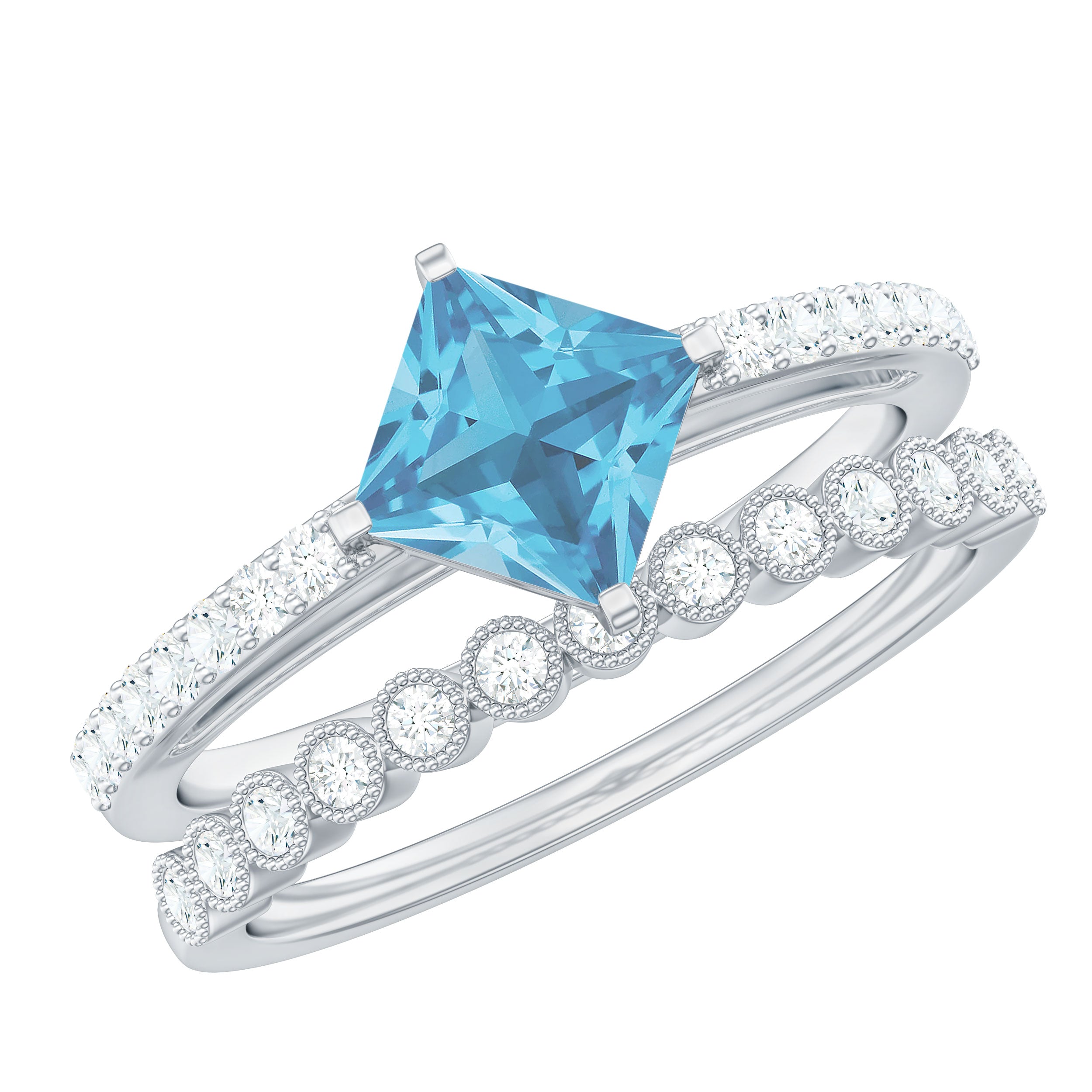 Solitaire Swiss Blue Topaz and Diamond Ring Set Swiss Blue Topaz - ( AAA ) - Quality - Rosec Jewels