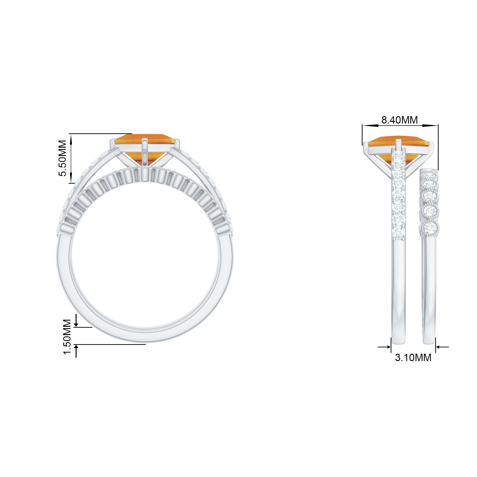 Solitaire Citrine and Moissanite Ring Set Citrine - ( AAA ) - Quality - Rosec Jewels