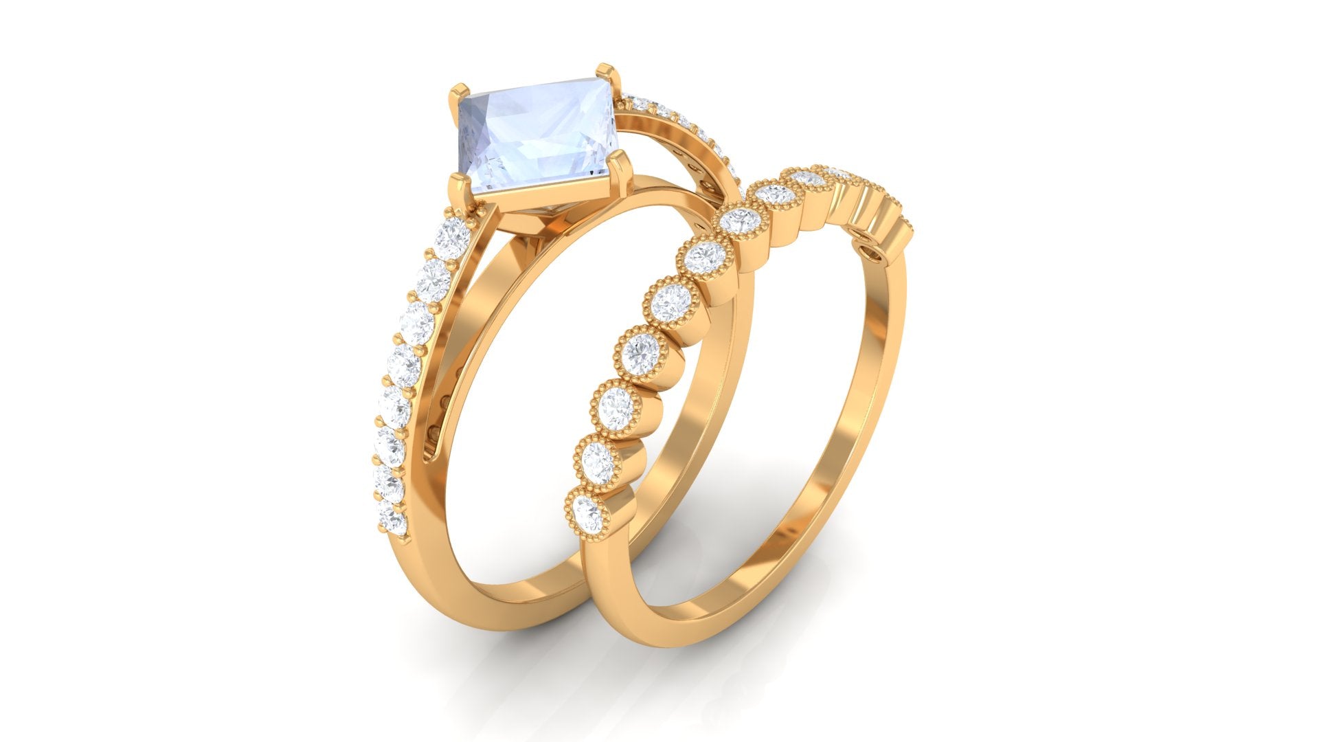 Solitaire Moonstone and Diamond Ring Set Moonstone - ( AAA ) - Quality - Rosec Jewels