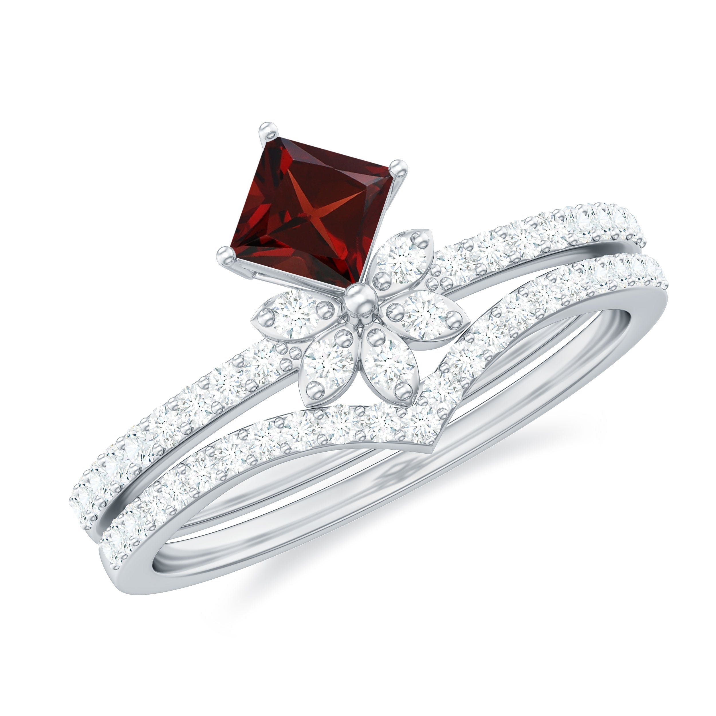 Princess Cut Garnet and Diamond Flower Ring Set Garnet - ( AAA ) - Quality - Rosec Jewels