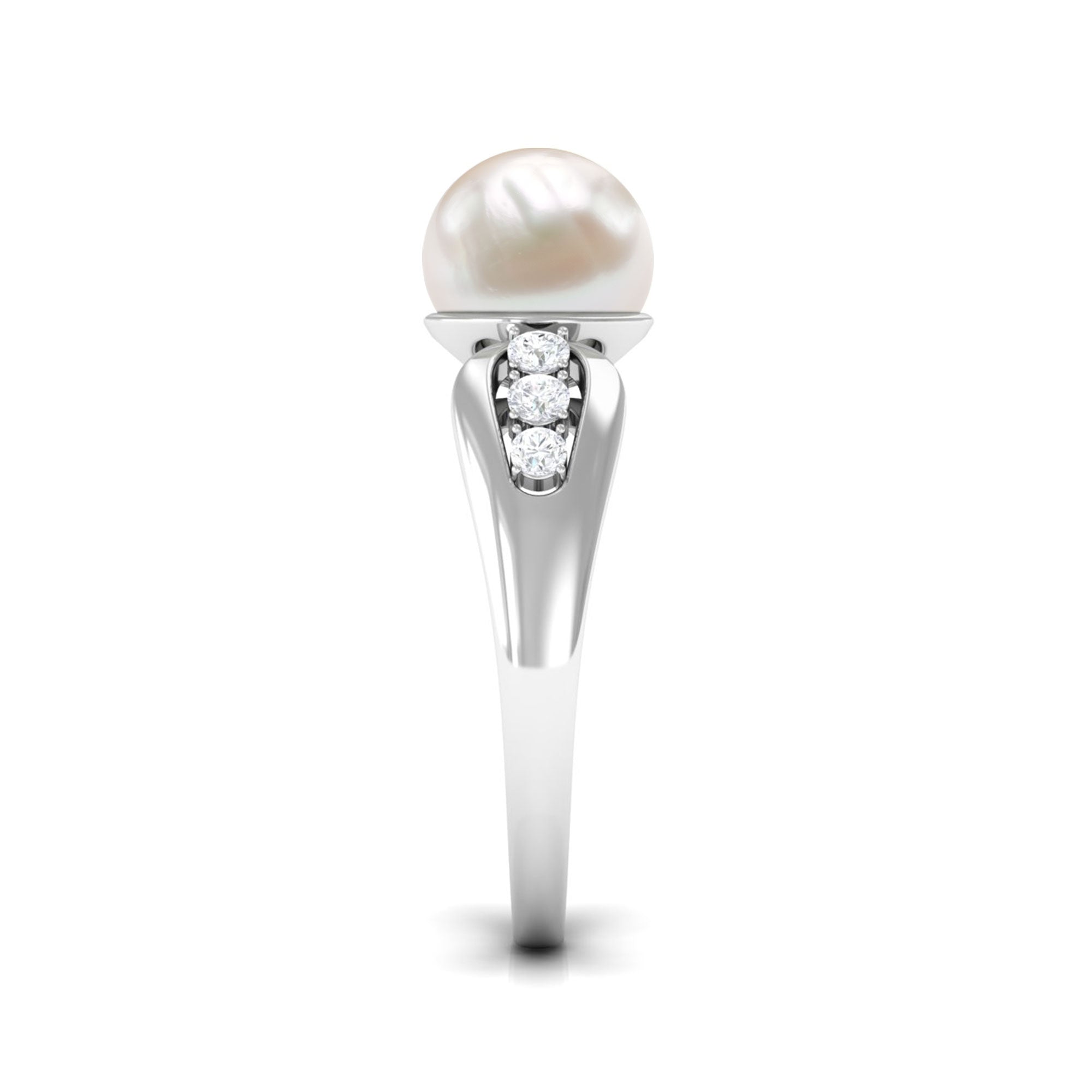 Bead Set Freshwater Pearl Solitaire Ring with Diamond Side Stones Freshwater Pearl - ( AAA ) - Quality - Rosec Jewels