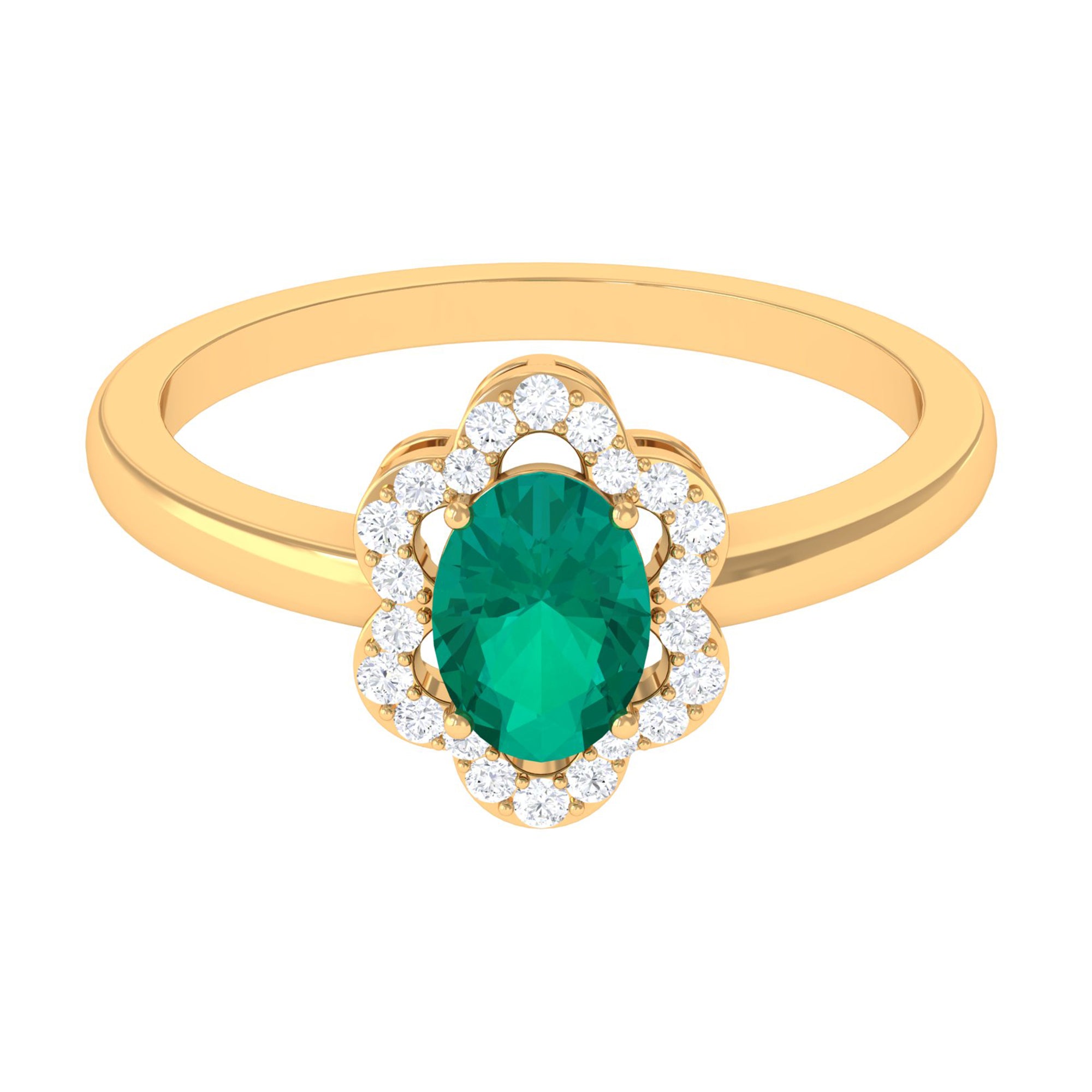 Oval Emerald Cocktail Flower Ring with Diamond Emerald - ( AAA ) - Quality - Rosec Jewels