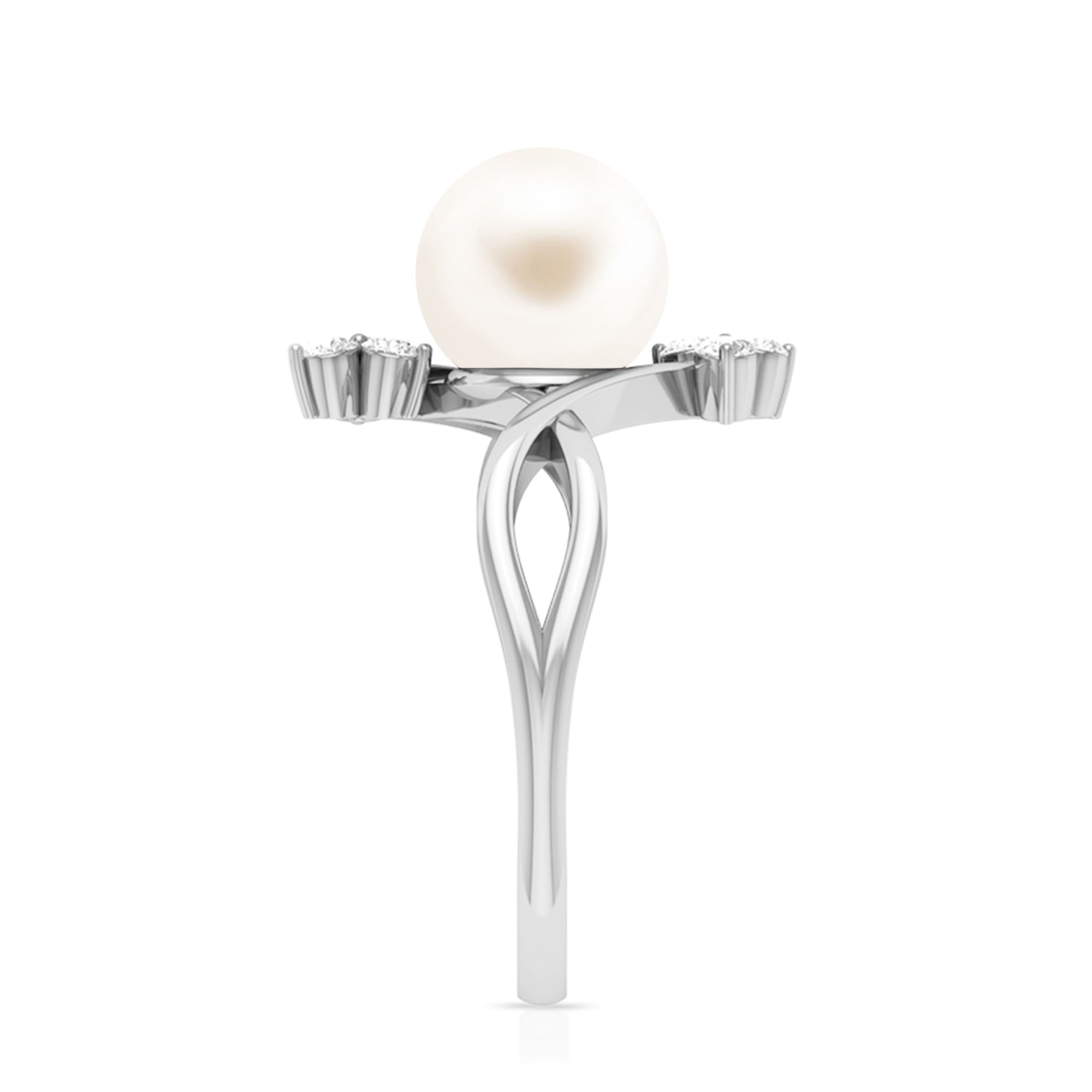 Freshwater Pearl Solitaire Ring with Diamond Trio Freshwater Pearl - ( AAA ) - Quality - Rosec Jewels