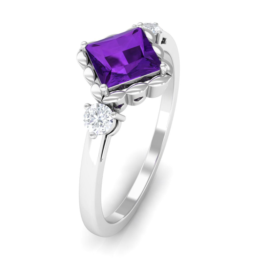 3/4 CT Princess Cut Amethyst Designer Engagement Ring with Diamond Amethyst - ( AAA ) - Quality - Rosec Jewels