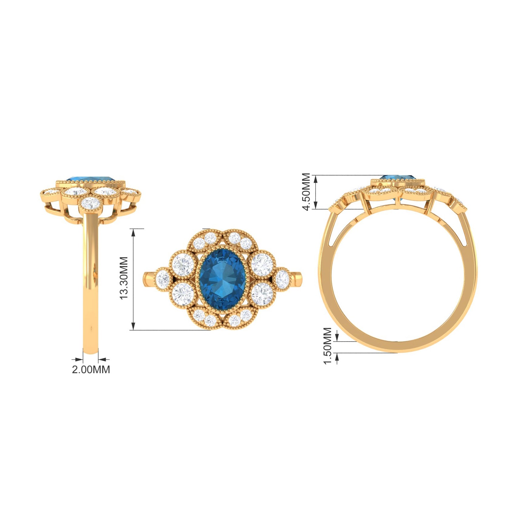 2 CT Oval London Blue Topaz Statement Ring with Diamond Halo London Blue Topaz - ( AAA ) - Quality - Rosec Jewels