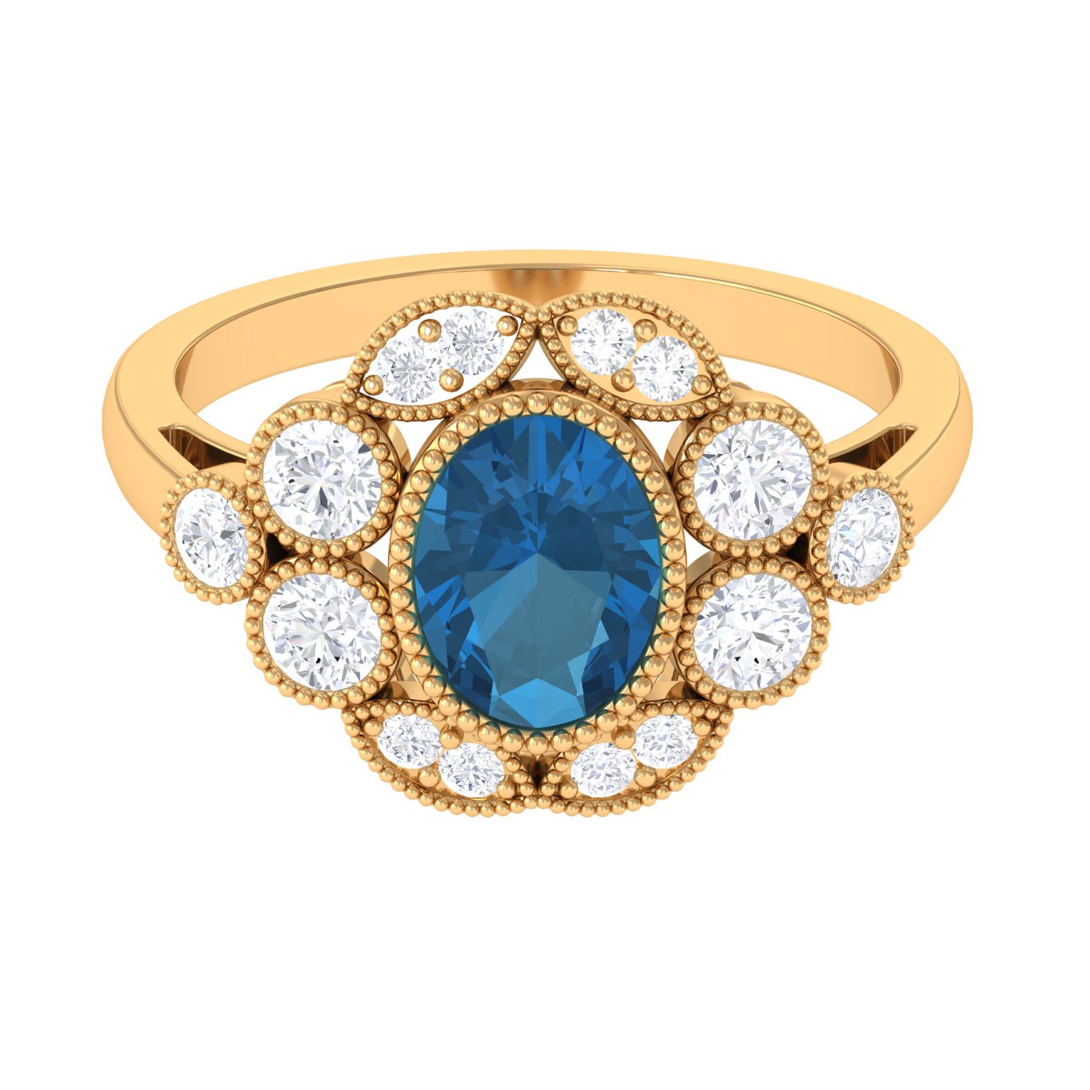 2 CT Oval London Blue Topaz Statement Ring with Diamond Halo London Blue Topaz - ( AAA ) - Quality - Rosec Jewels