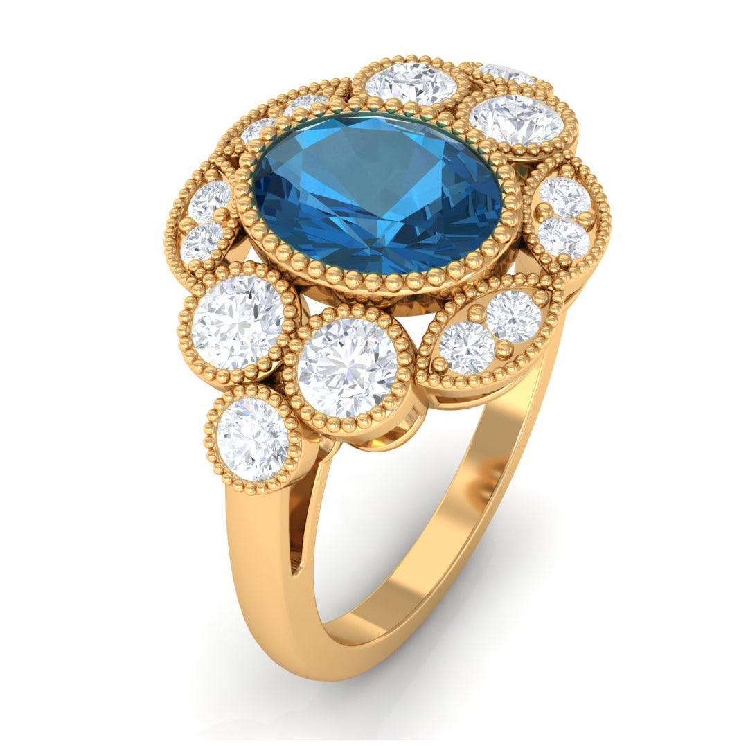 2 CT Oval London Blue Topaz Statement Ring with Diamond Halo London Blue Topaz - ( AAA ) - Quality - Rosec Jewels