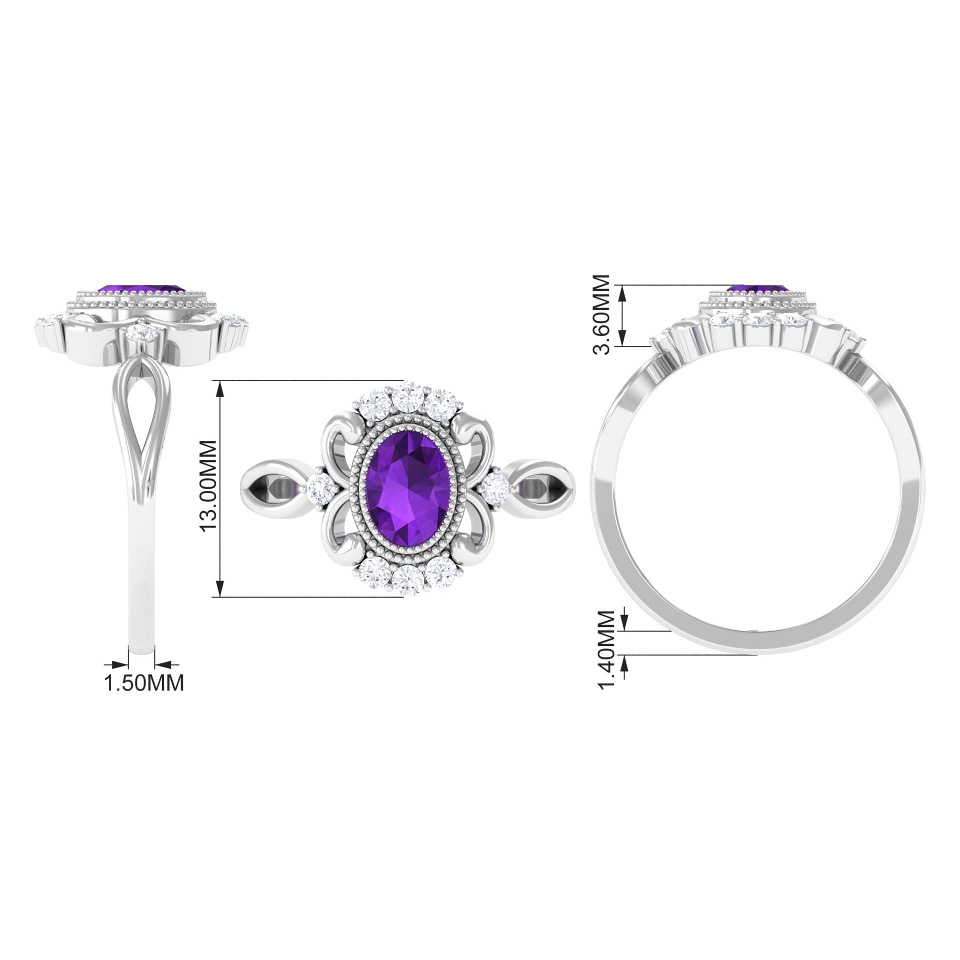 1.5 CT Vintage Inspired Oval Amethyst Engagement Ring with Diamond Amethyst - ( AAA ) - Quality - Rosec Jewels