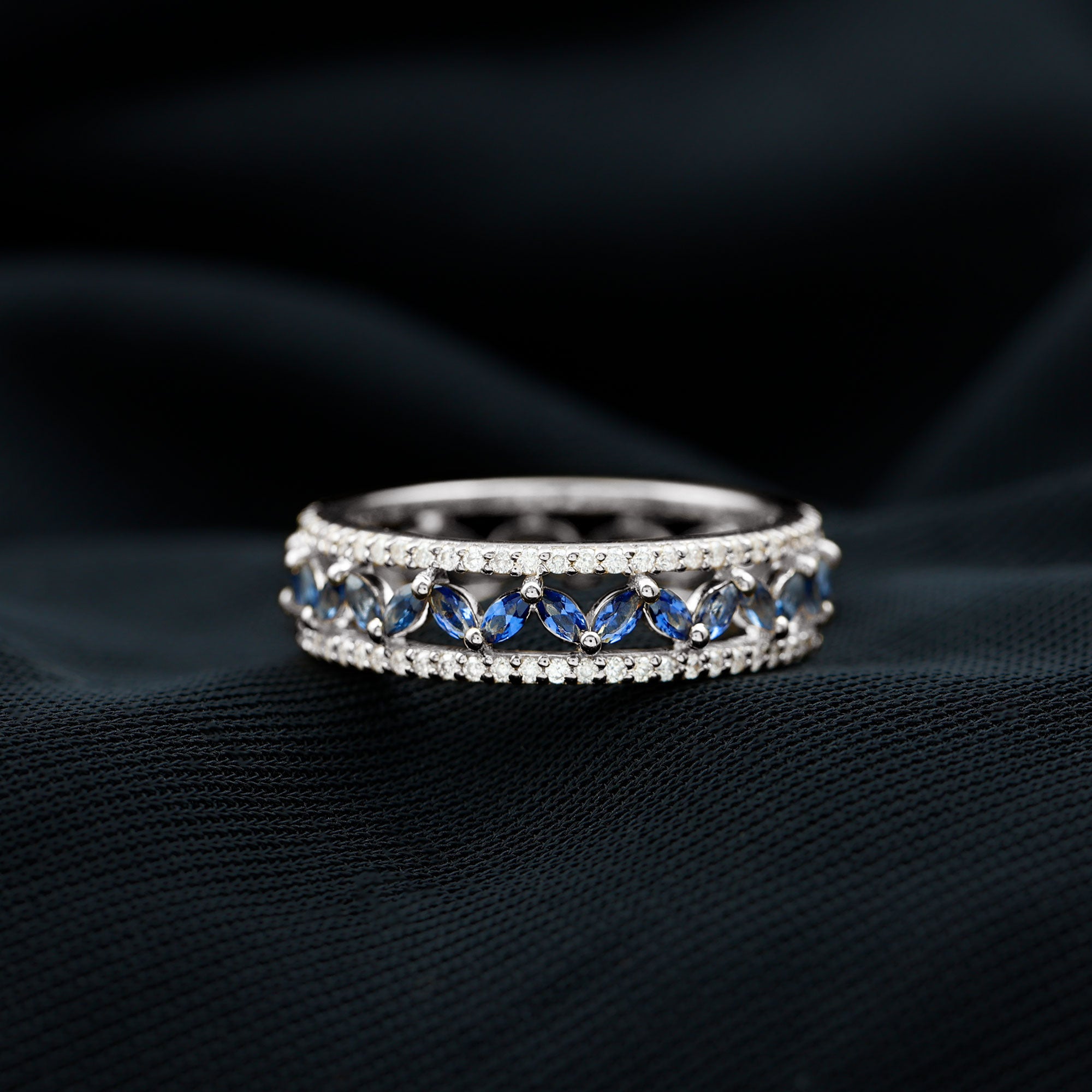 1.25 CT Elegant Created Blue Sapphire and Diamond Wedding Band Ring Lab Created Blue Sapphire - ( AAAA ) - Quality - Rosec Jewels