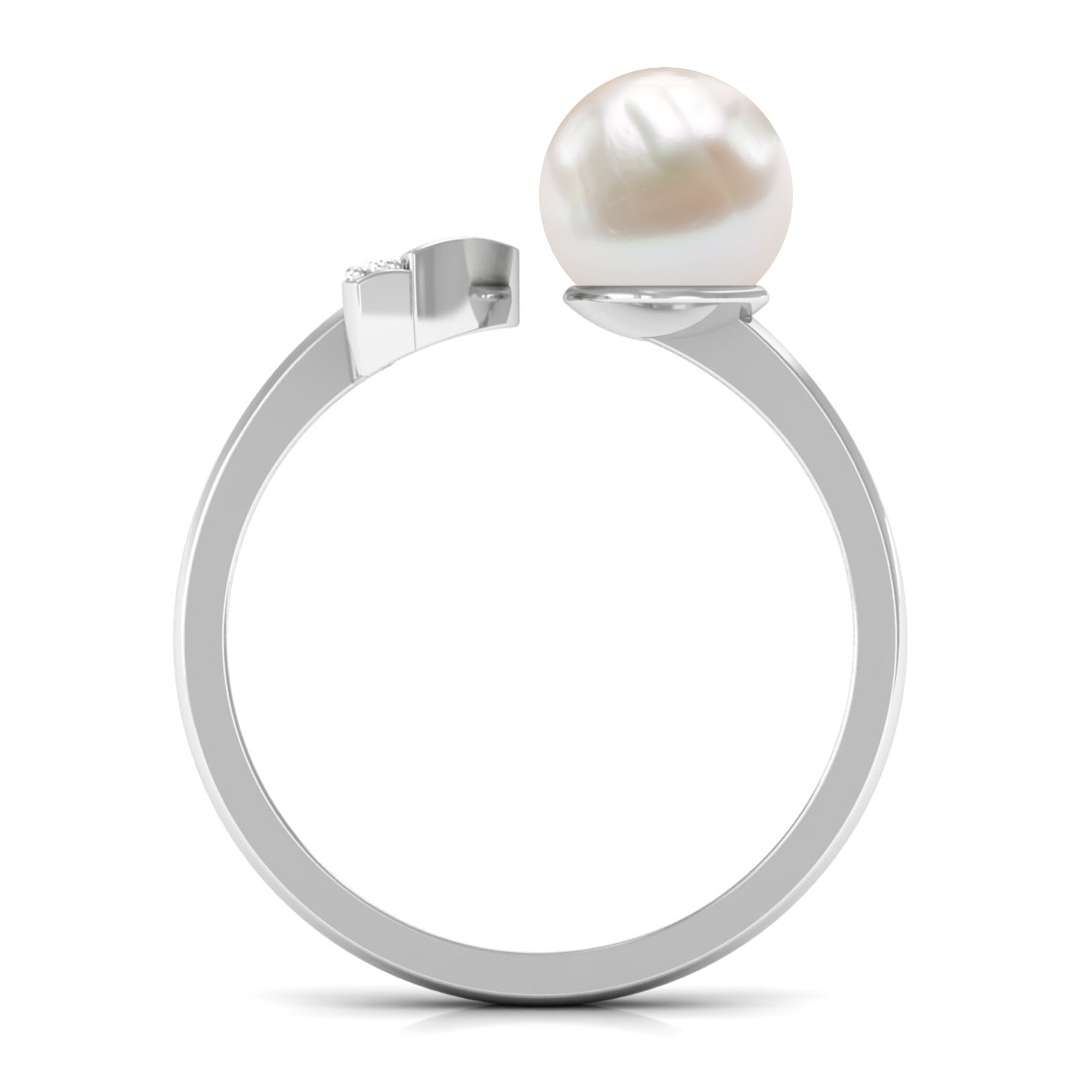 Round Freshwater Pearl Solitaire Cuff Ring with Diamond Freshwater Pearl - ( AAA ) - Quality - Rosec Jewels