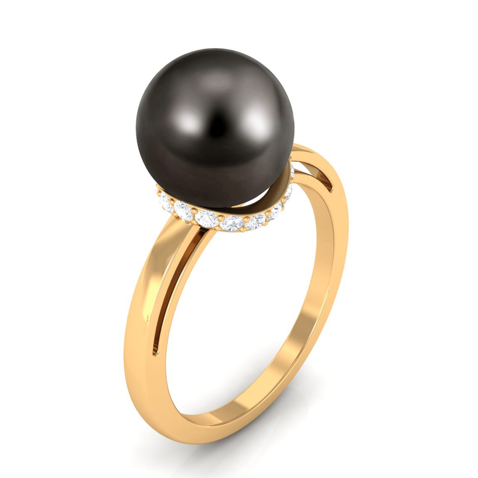 Tahitian Pearl Solitaire Engagement Ring with Diamond Surprise Halo Tahitian pearl - ( AAA ) - Quality - Rosec Jewels