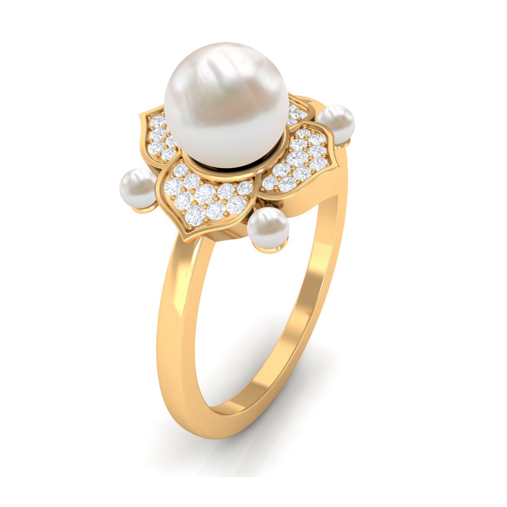 Freshwater Pearl Flower Engagement Ring with Diamond Freshwater Pearl - ( AAA ) - Quality - Rosec Jewels