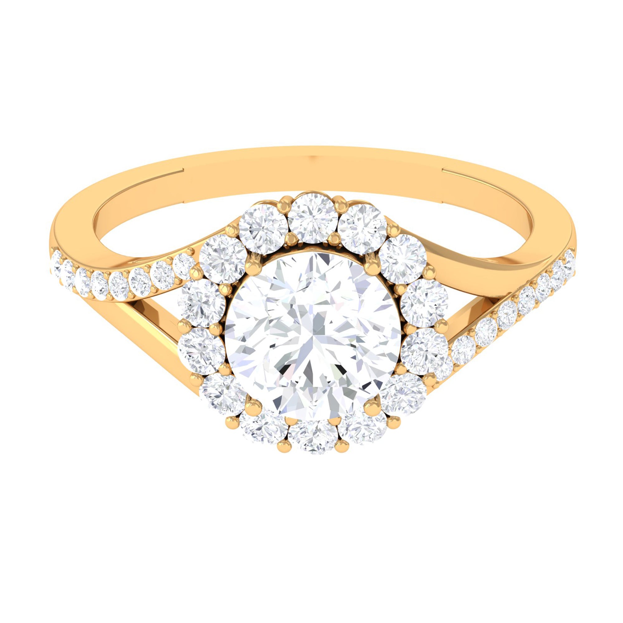 Round Zircon Halo Engagement Ring with Split Shank Zircon - ( AAAA ) - Quality - Rosec Jewels