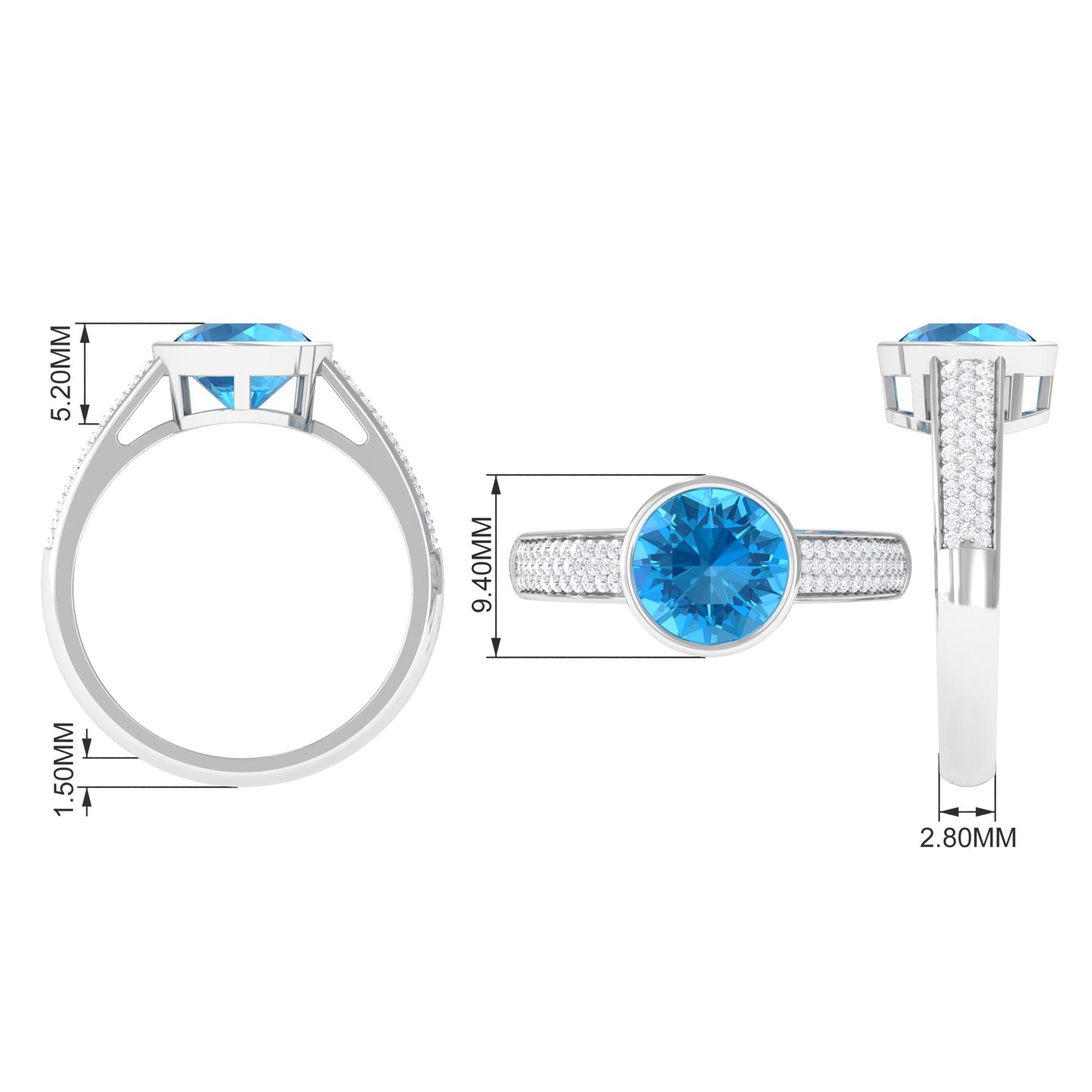 2.50 CT Bezel Set Swiss Blue Topaz Engagement Ring with Diamond Side Stones Swiss Blue Topaz - ( AAA ) - Quality - Rosec Jewels