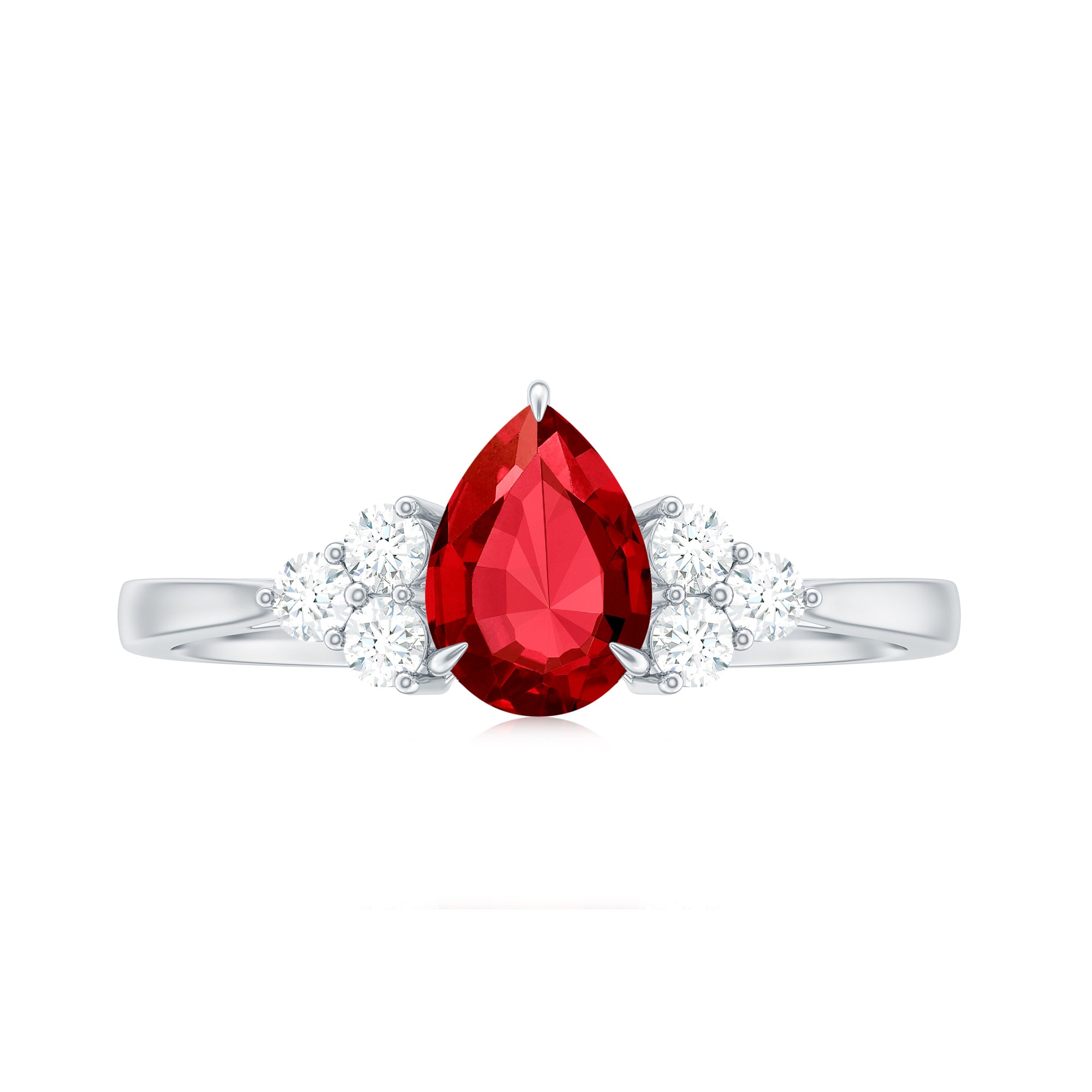 Pear Shaped Lab Grown Ruby Solitaire Ring with Diamond Trio Lab Created Ruby - ( AAAA ) - Quality - Rosec Jewels