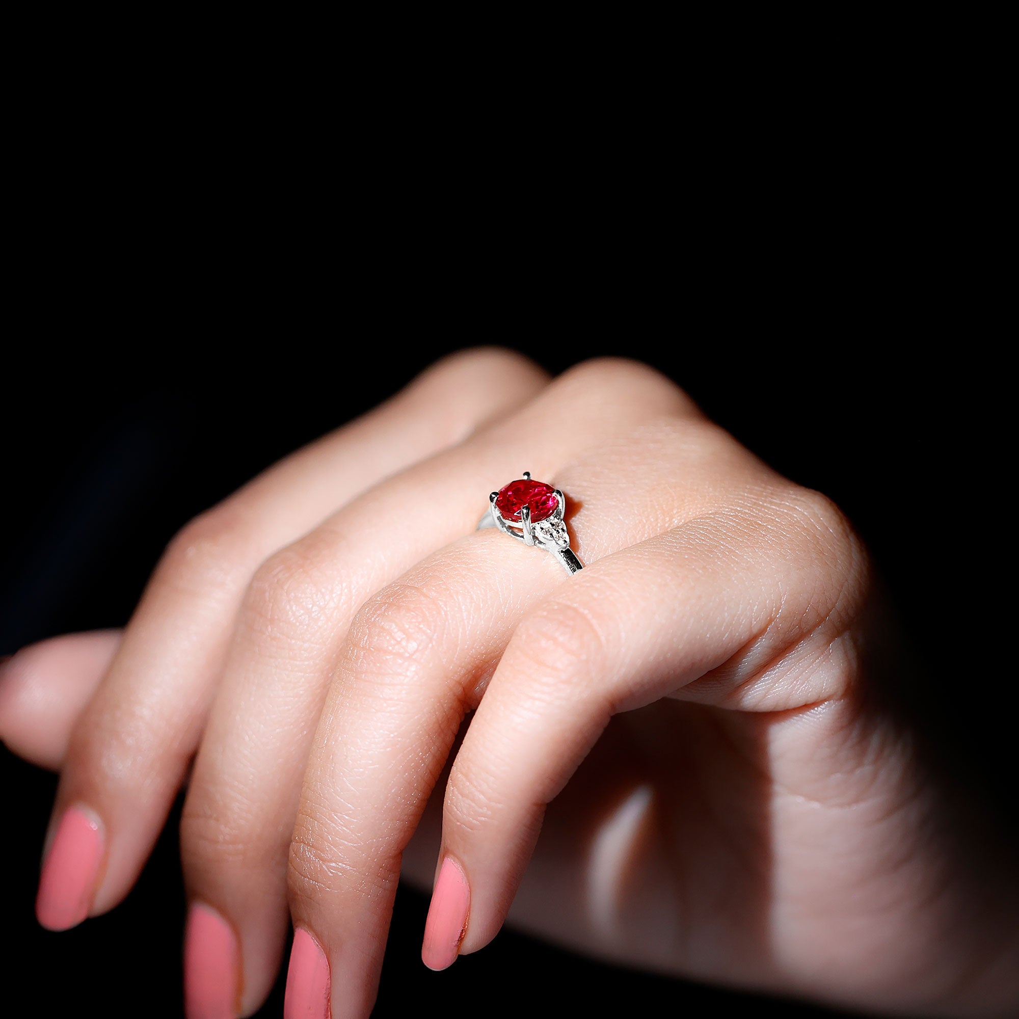 Lab Grown Ruby Solitaire Engagement Ring with Diamond Trio Lab Created Ruby - ( AAAA ) - Quality - Rosec Jewels