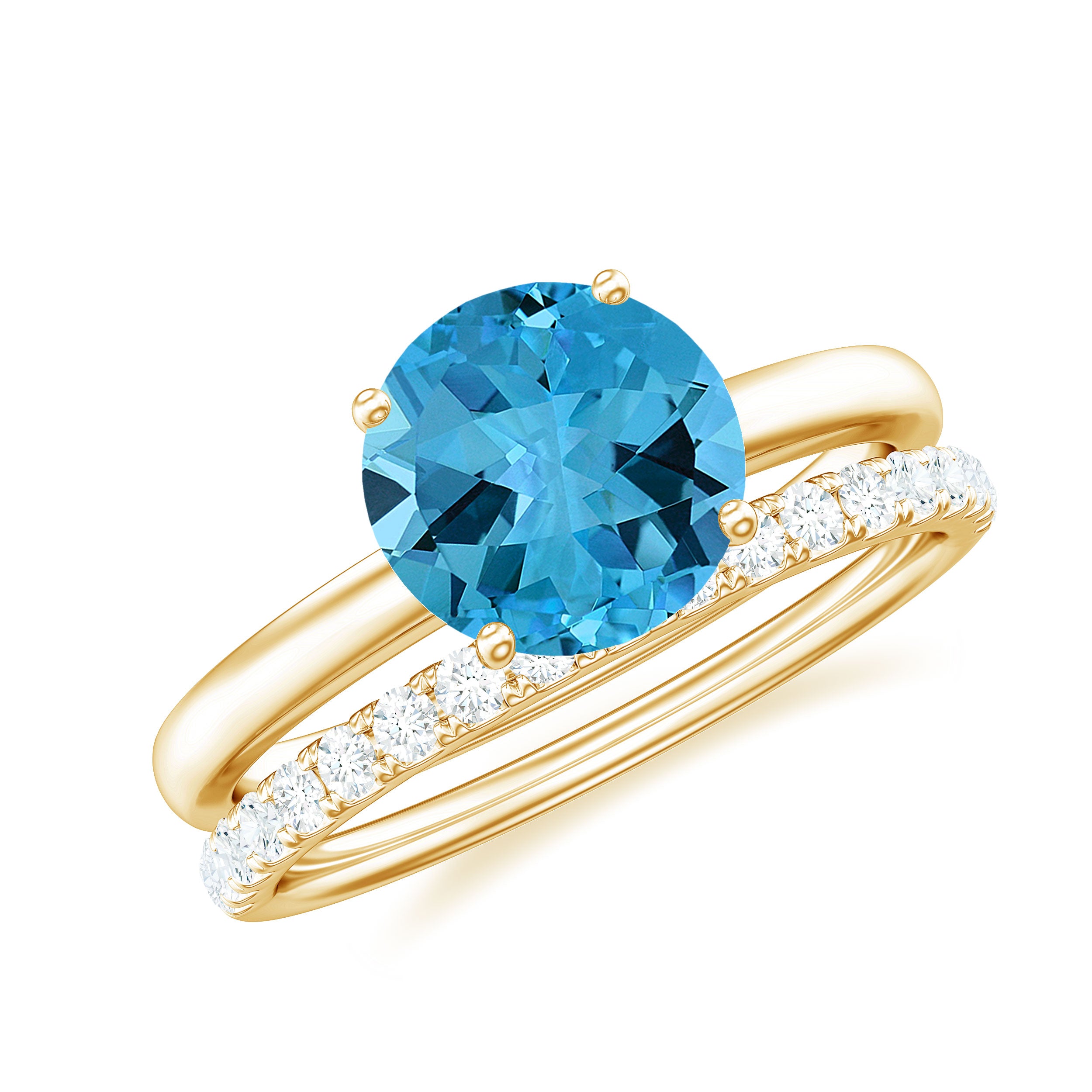 2 CT Swiss Blue Topaz Solitaire Bridal Ring Set with Diamond Swiss Blue Topaz - ( AAA ) - Quality - Rosec Jewels