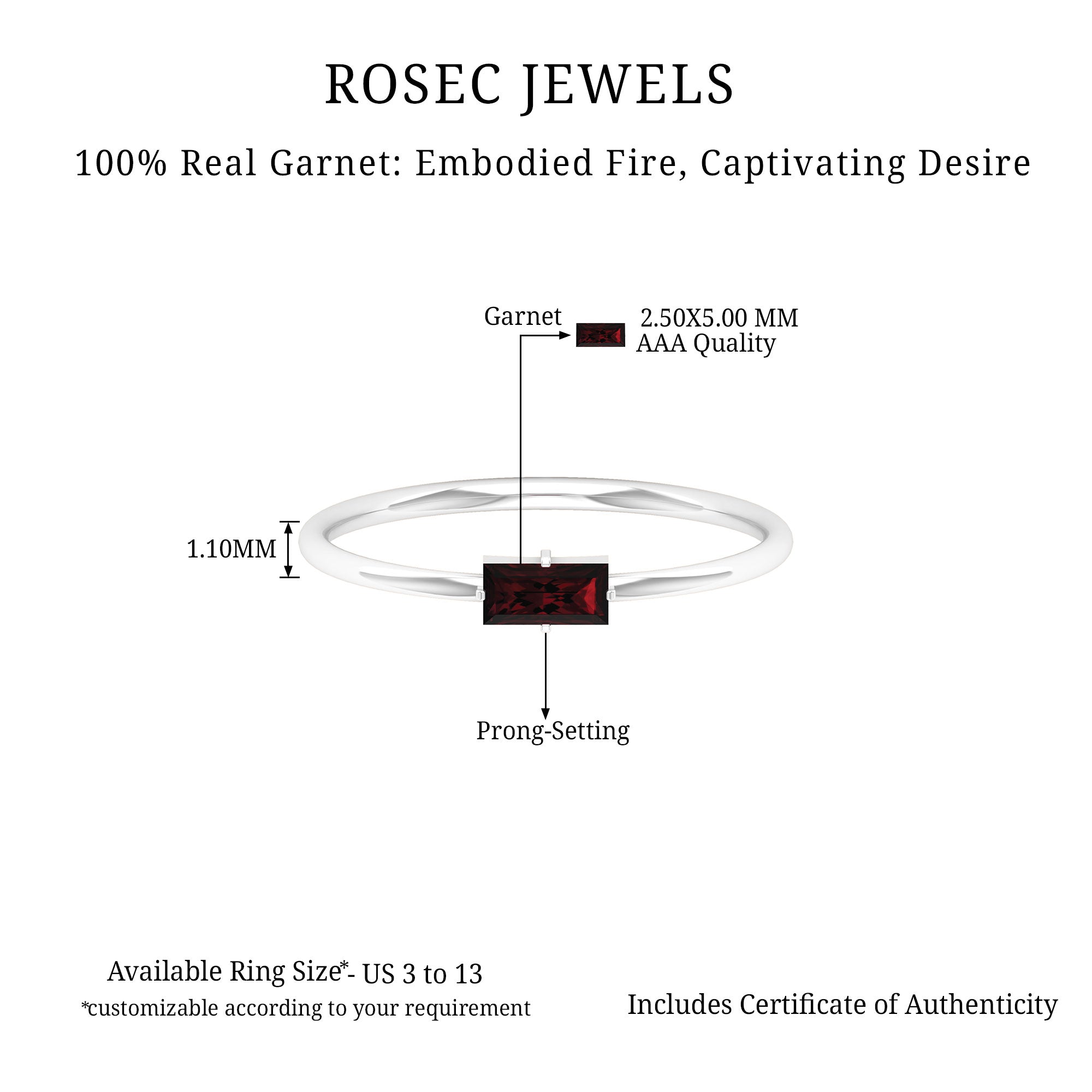 2.5X5 MM Baguette Cut Garnet Solitaire Ring in 4 Prong Diagonal Setting Garnet - ( AAA ) - Quality - Rosec Jewels