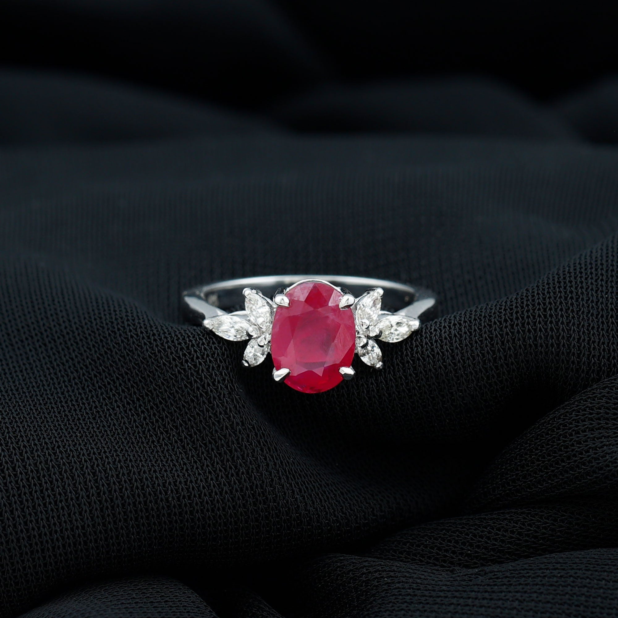 2 CT Claw Set Oval Created Ruby Solitaire and Marquise Diamond Trio Ring Lab Created Ruby - ( AAAA ) - Quality - Rosec Jewels