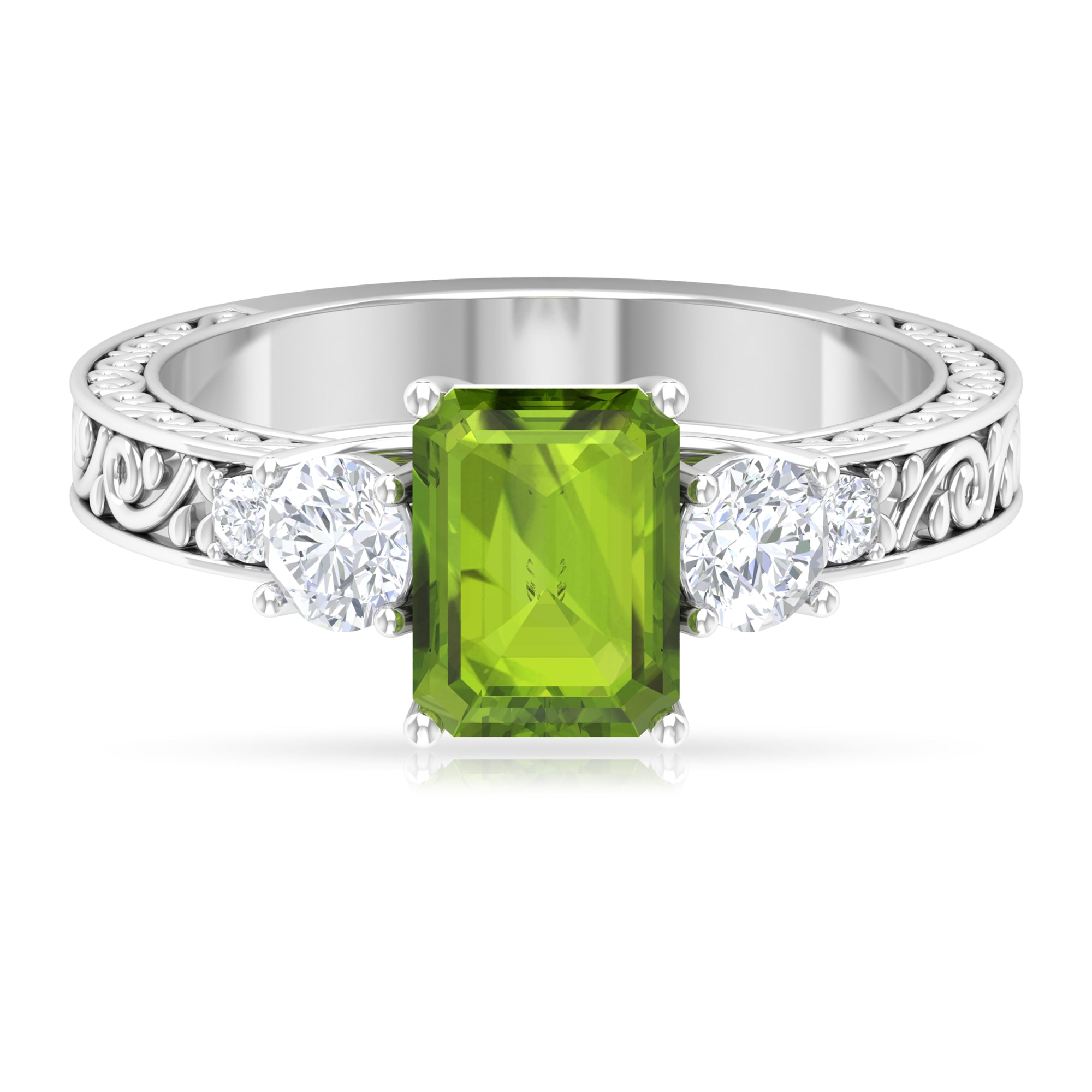 Octagon Cut Peridot Engagement Ring with Moissanite Peridot - ( AAA ) - Quality - Rosec Jewels