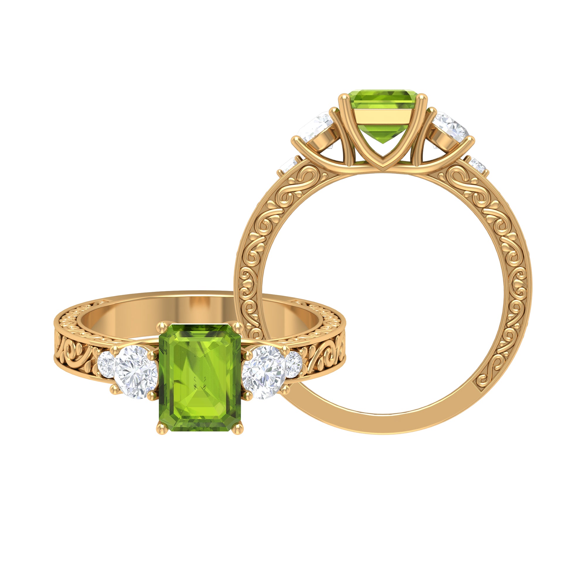 Octagon Cut Peridot Engagement Ring with Moissanite Peridot - ( AAA ) - Quality - Rosec Jewels