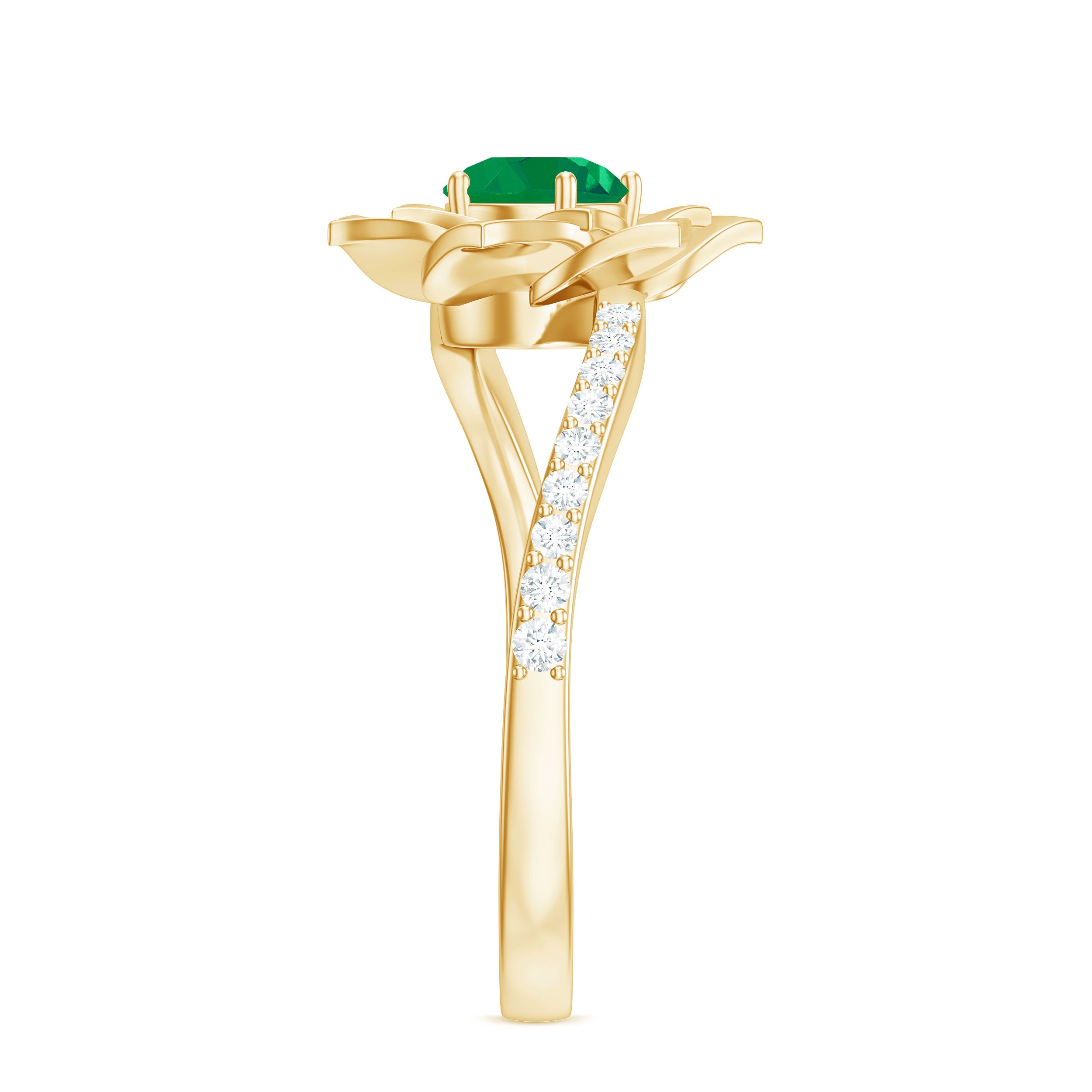 Real Emerald and Diamond Flower Ring with Bypass Shank Emerald - ( AAA ) - Quality - Rosec Jewels