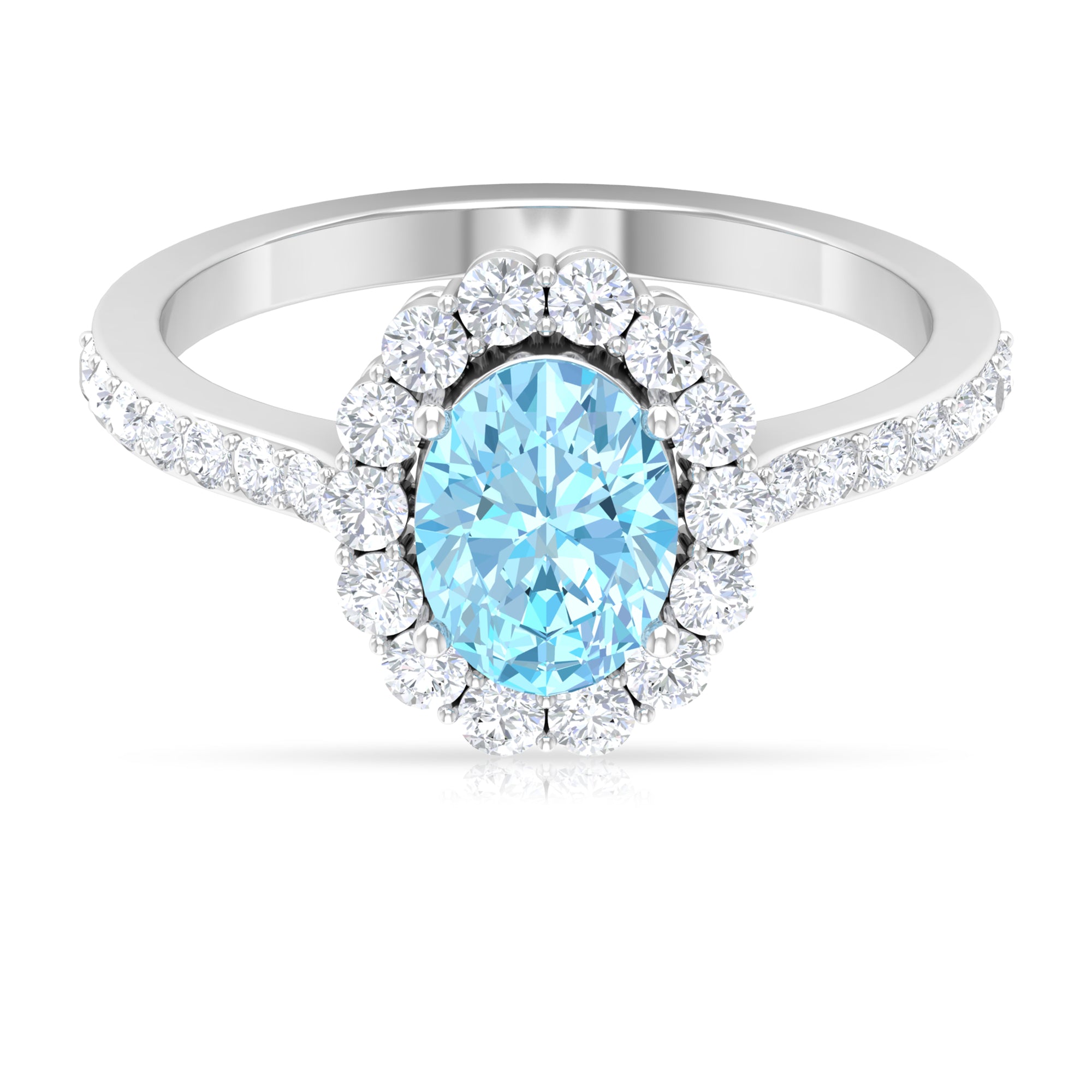 2.50 CT Oval Shape Solitaire Aquamarine and Moissanite Accent Engagement Ring Aquamarine - ( AAA ) - Quality - Rosec Jewels