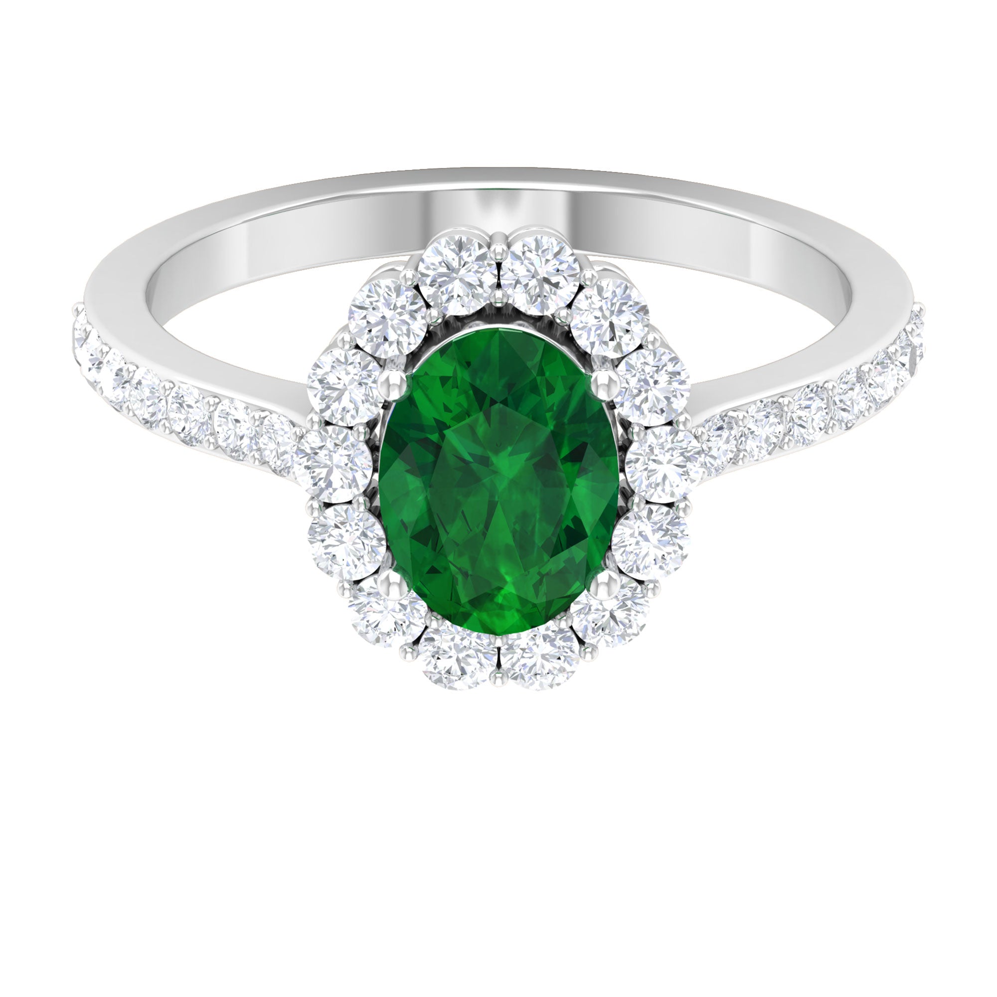 2.50 CT Oval Shape Created Emerald Ring with Moissanite Halo Lab Created Emerald - ( AAAA ) - Quality - Rosec Jewels