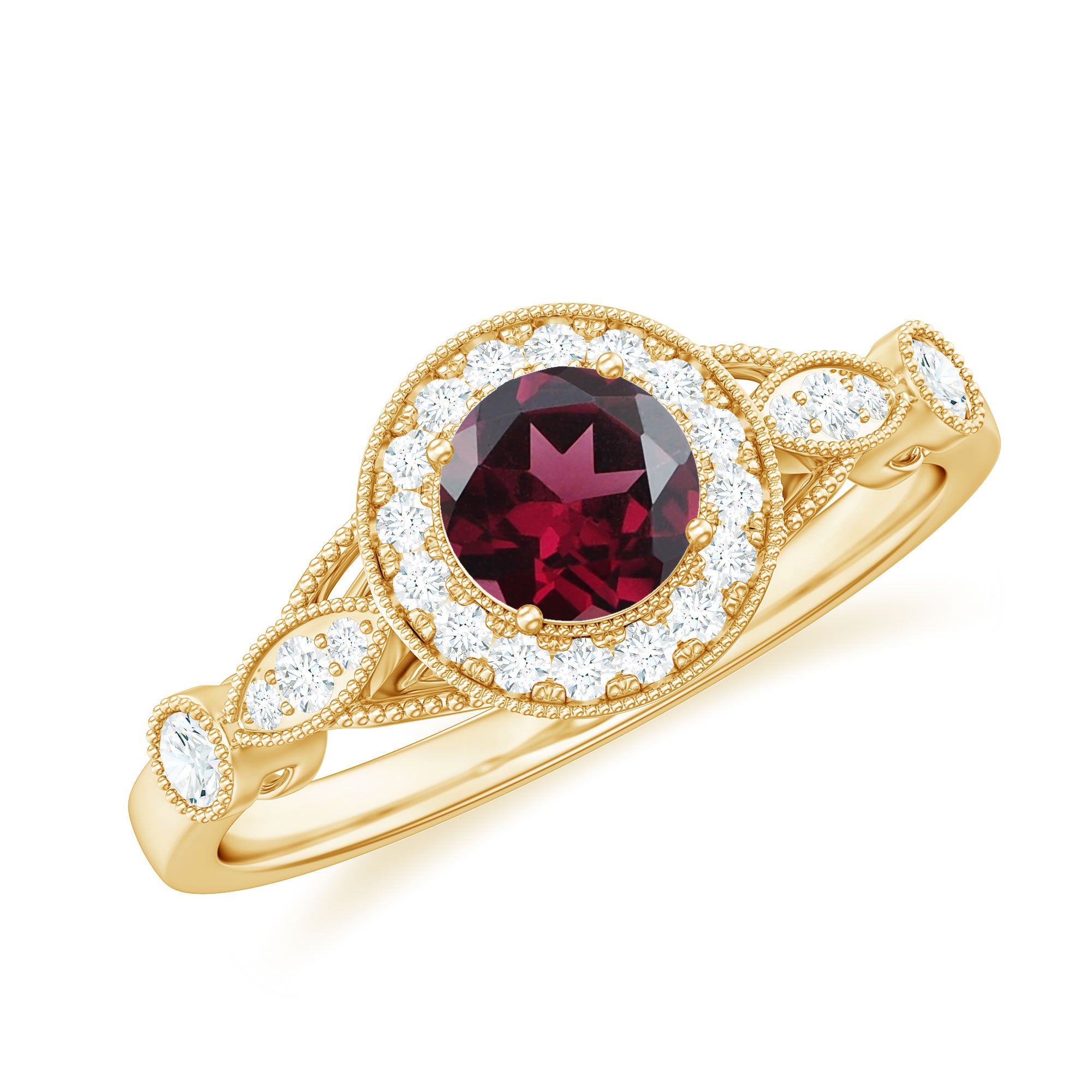 1 CT Antique Rhodolite and Diamond Engagement Ring with Milgrain Details Rhodolite - ( AAA ) - Quality - Rosec Jewels