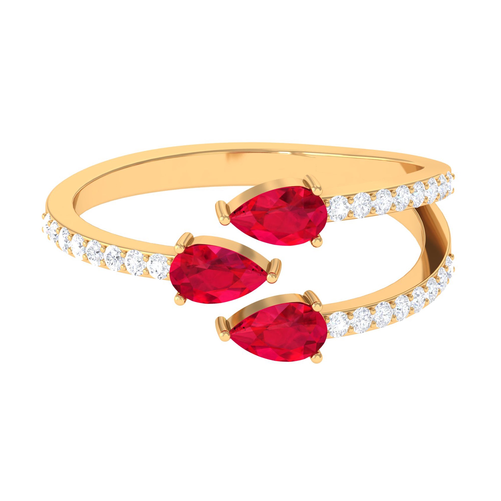 3 Stone Pear Shape Created Ruby Wrap Ring with Diamond Lab Created Ruby - ( AAAA ) - Quality - Rosec Jewels