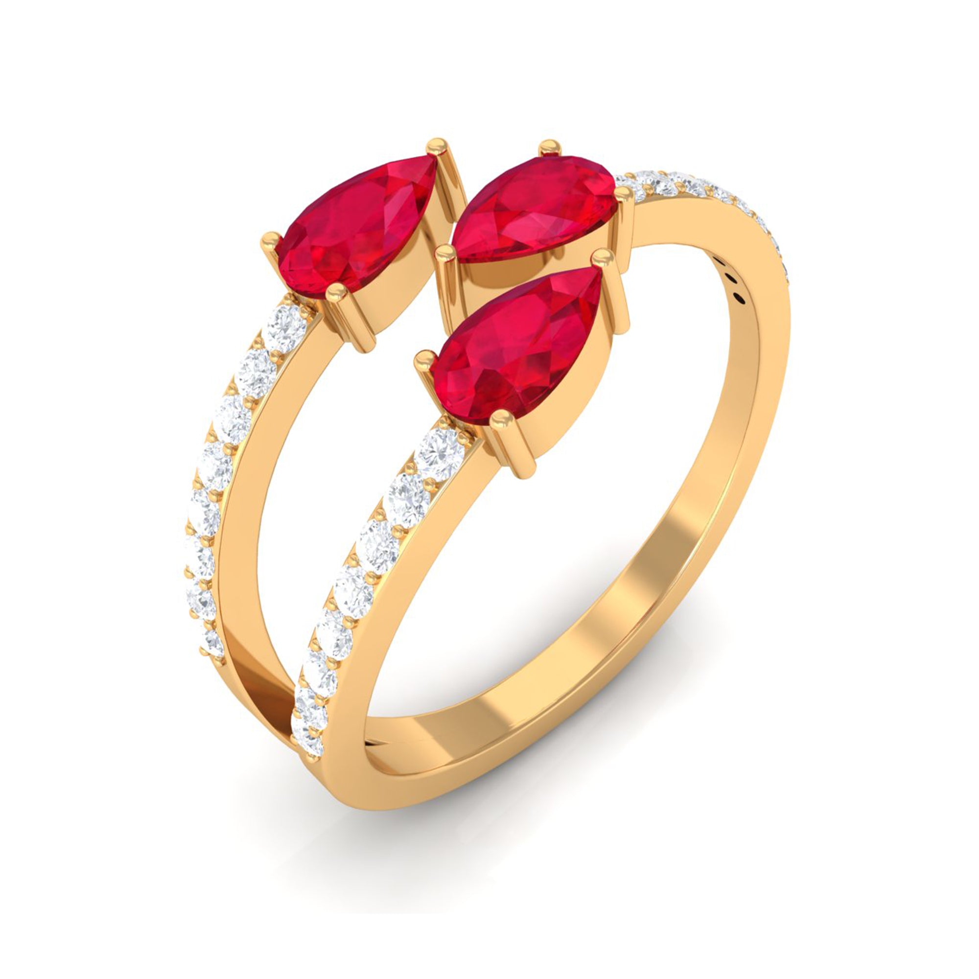 3 Stone Pear Shape Created Ruby Wrap Ring with Diamond Lab Created Ruby - ( AAAA ) - Quality - Rosec Jewels