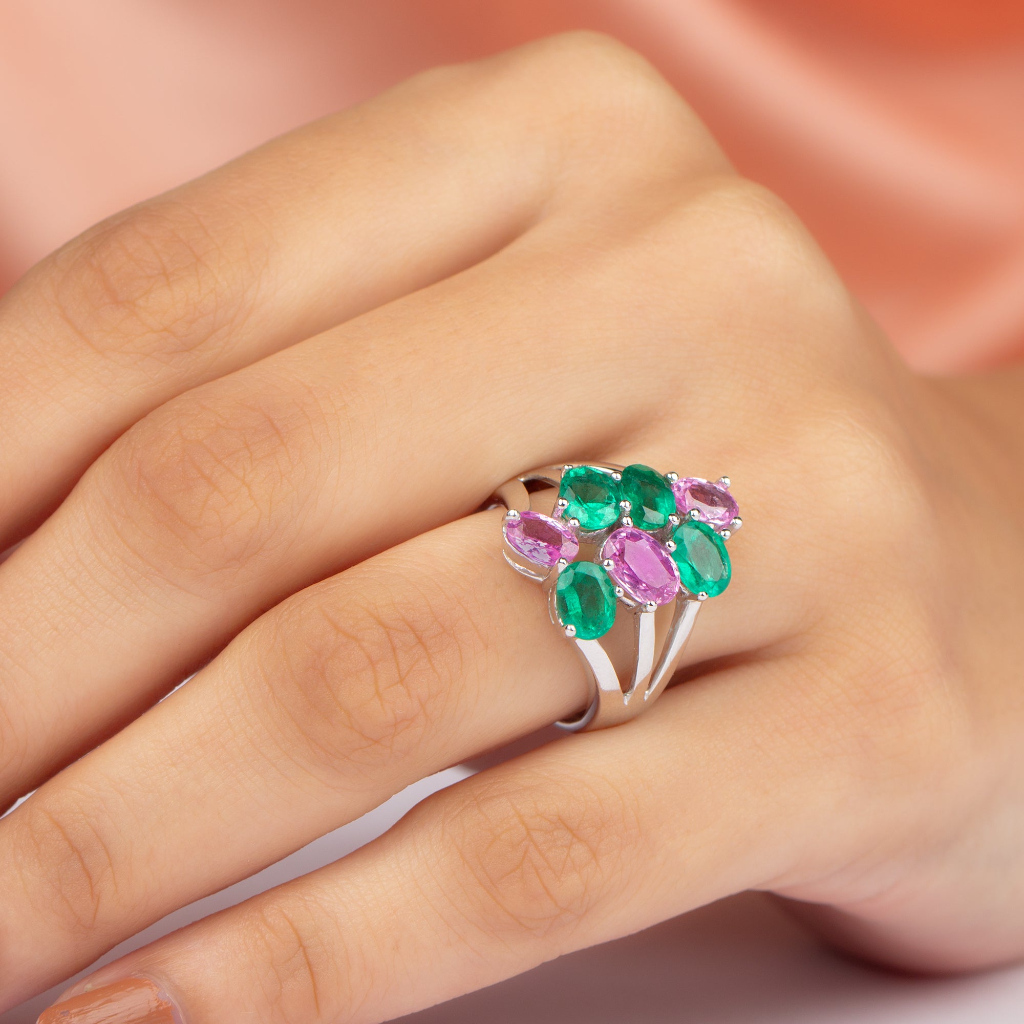 Created Pink Sapphire and Created Emerald Cocktail Engagement Ring - Rosec Jewels