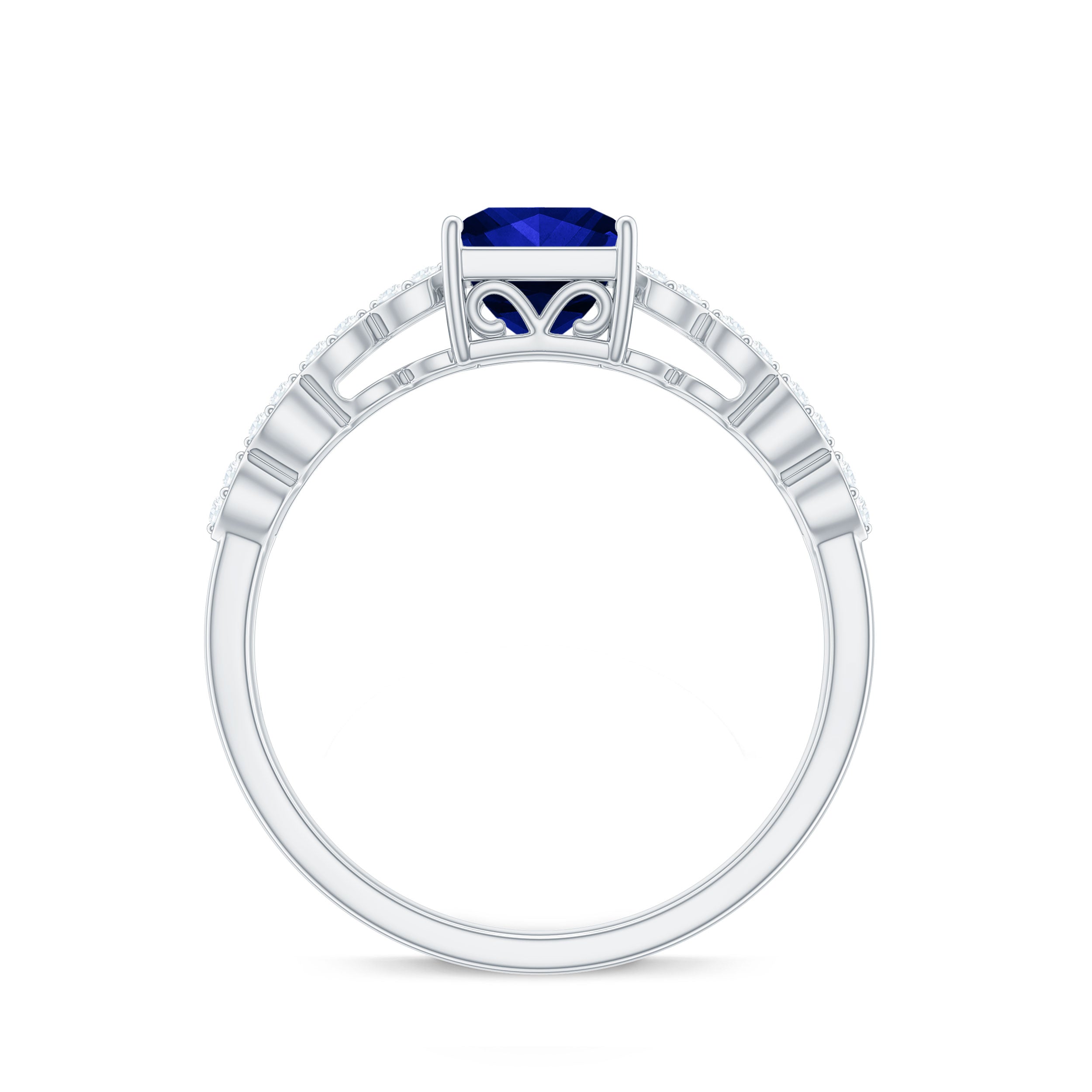 Princess Cut Created Blue Sapphire Double Band Engagement Ring with Diamond Lab Created Blue Sapphire - ( AAAA ) - Quality - Rosec Jewels